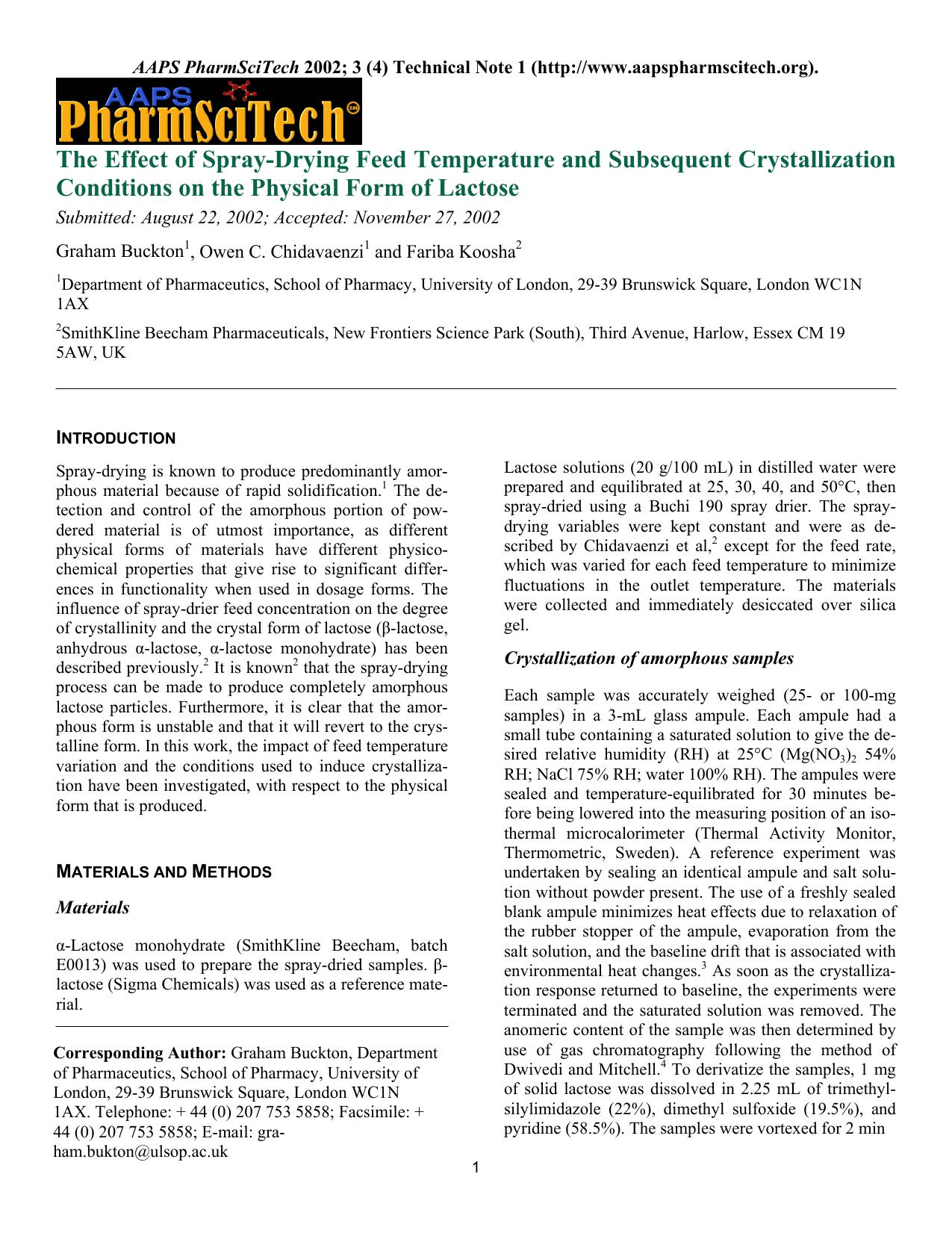 The effect of spray-drying feed temperature and subsequent crystallization conditions on the physical form of lactose by Unknown