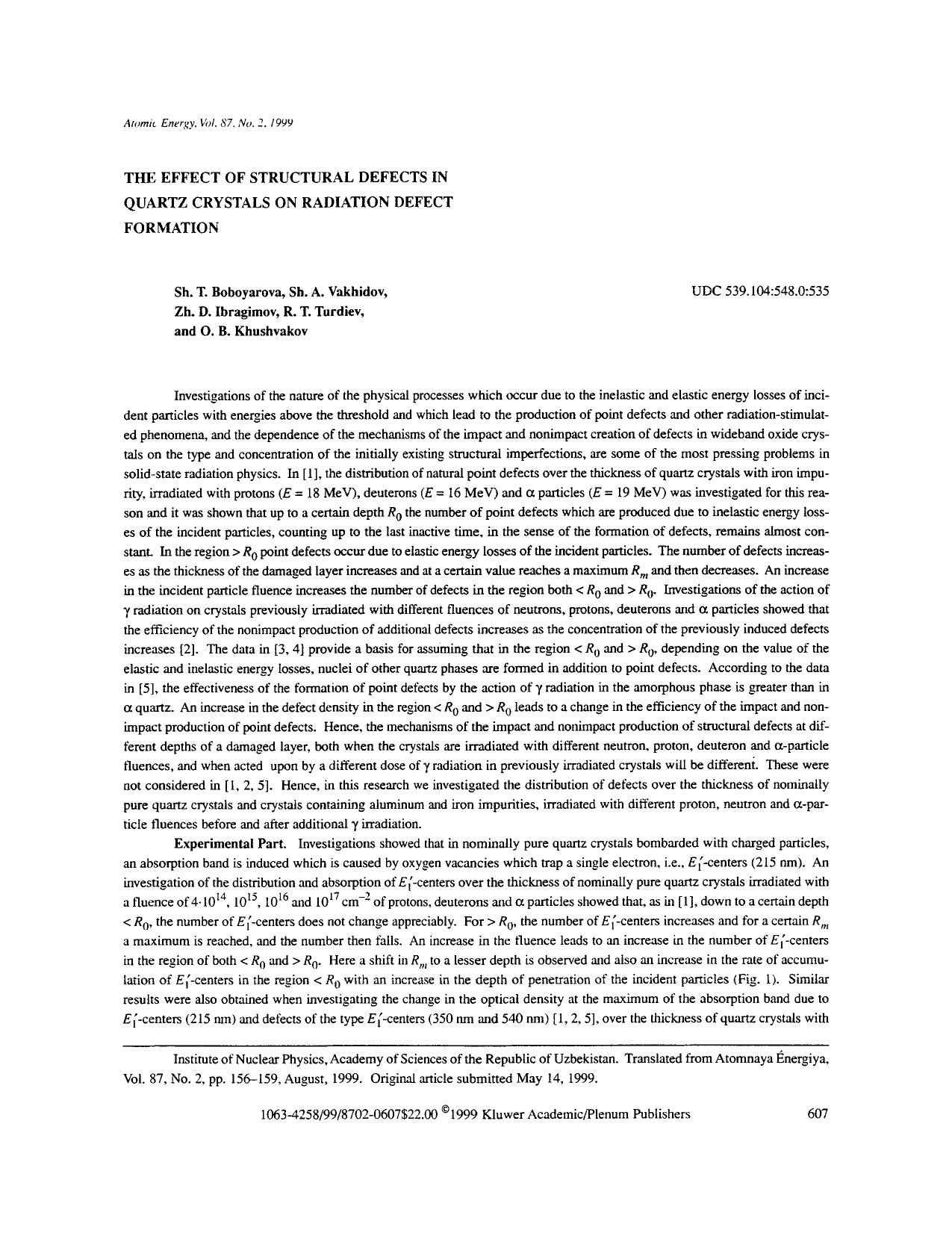 The effect of structural defects in quartz crystals on radiation defect formation by Unknown