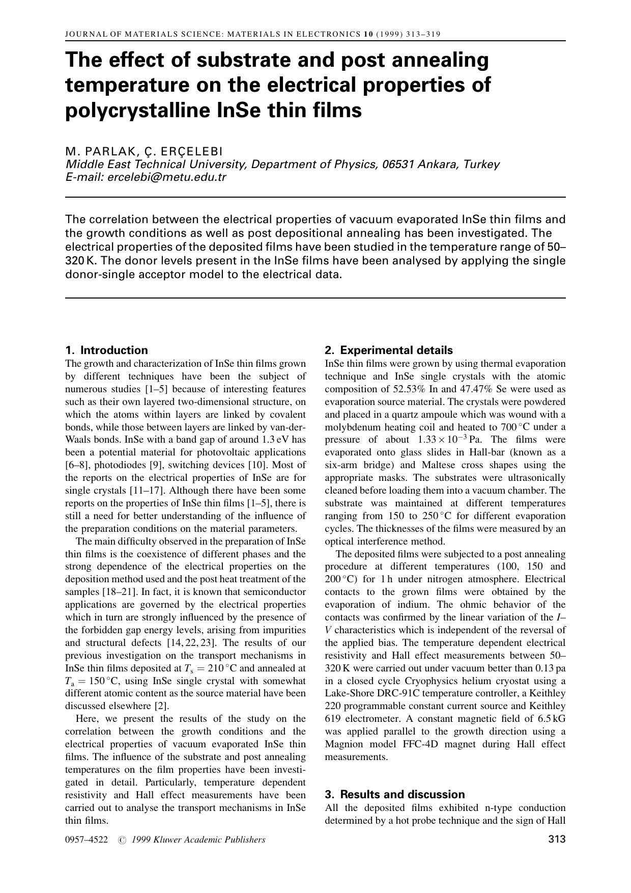 The effect of substrate and post annealing temperature on the electrical properties of polycrystalline InSe thin films by Unknown