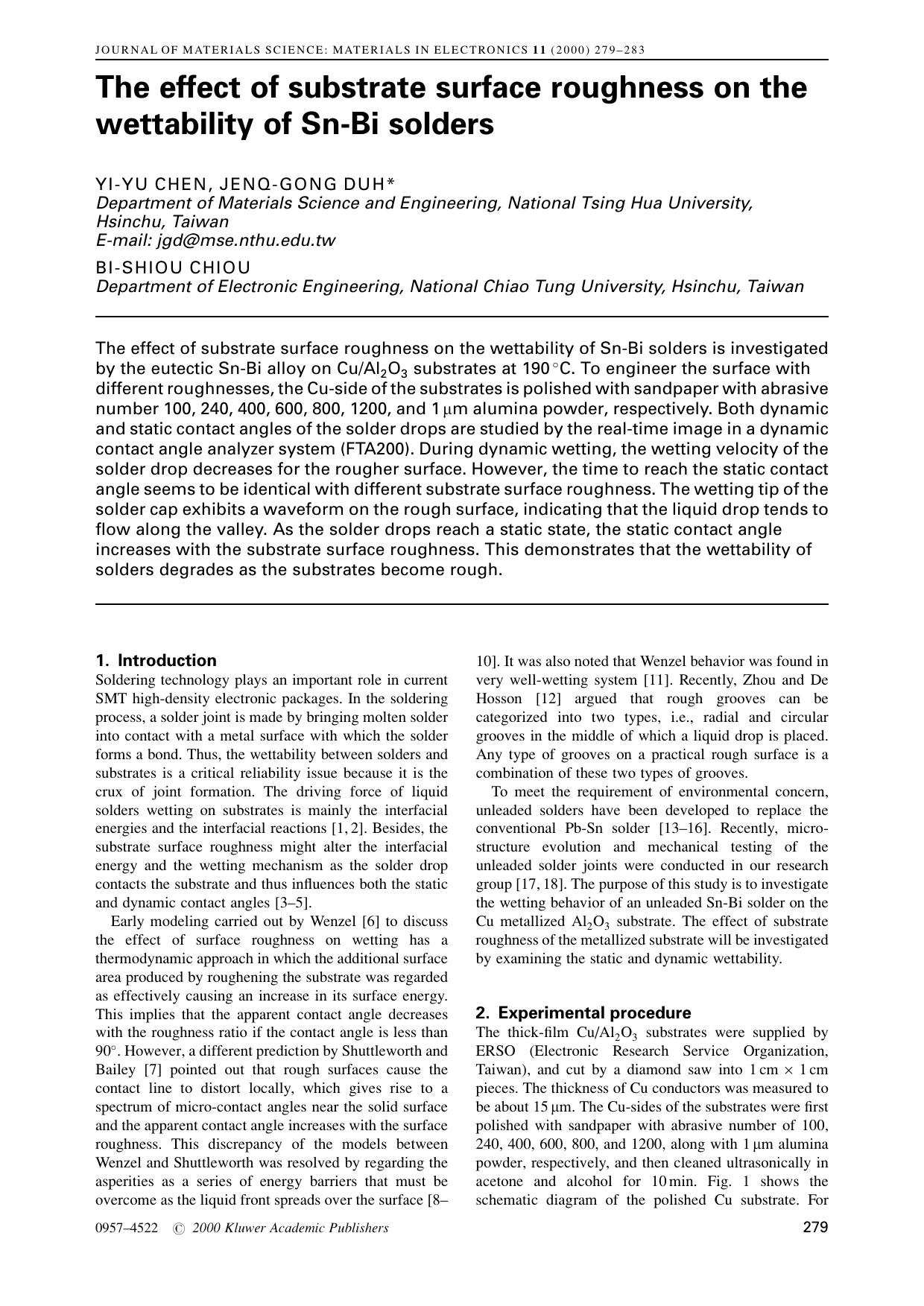 The effect of substrate surface roughness on the wettability of Sn-Bi solders by Unknown