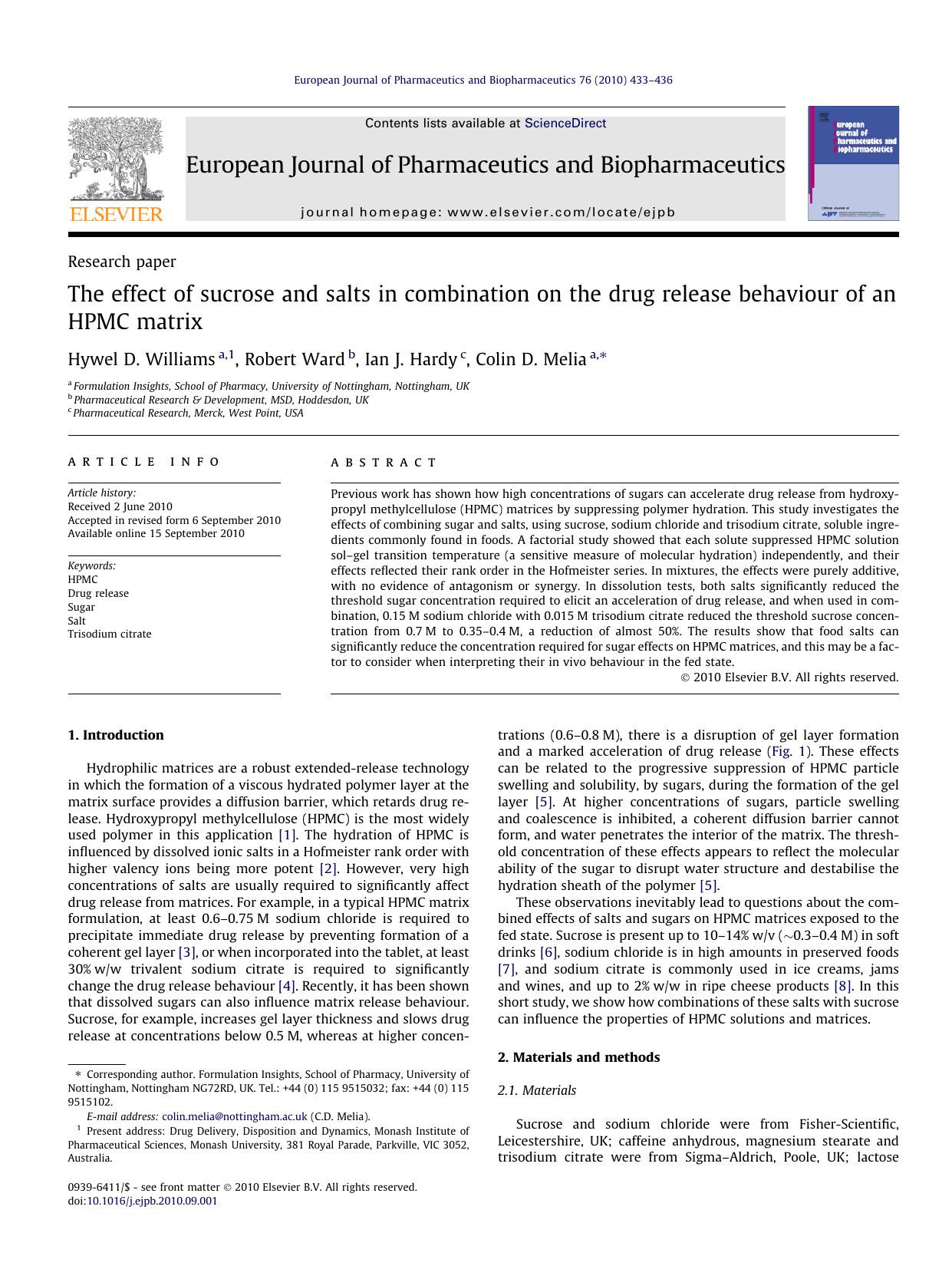 The effect of sucrose and salts in combination on the drug release behaviour of an HPMC matrix by Hywel D. Williams & Robert Ward & Ian J. Hardy & Colin D. Melia