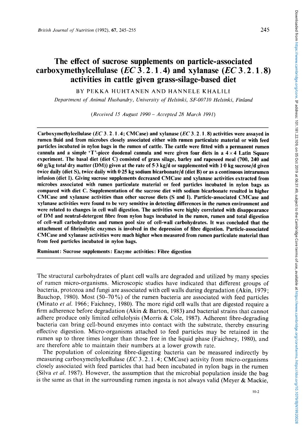 The effect of sucrose supplements on particle-associated carboxymethylcellulase (EC 3.2.1.4) and xylanase (EC 3.2.1.8) activities in cattle given grass-silage-based diet by Pekka Huhtanen & Hannele Khalili