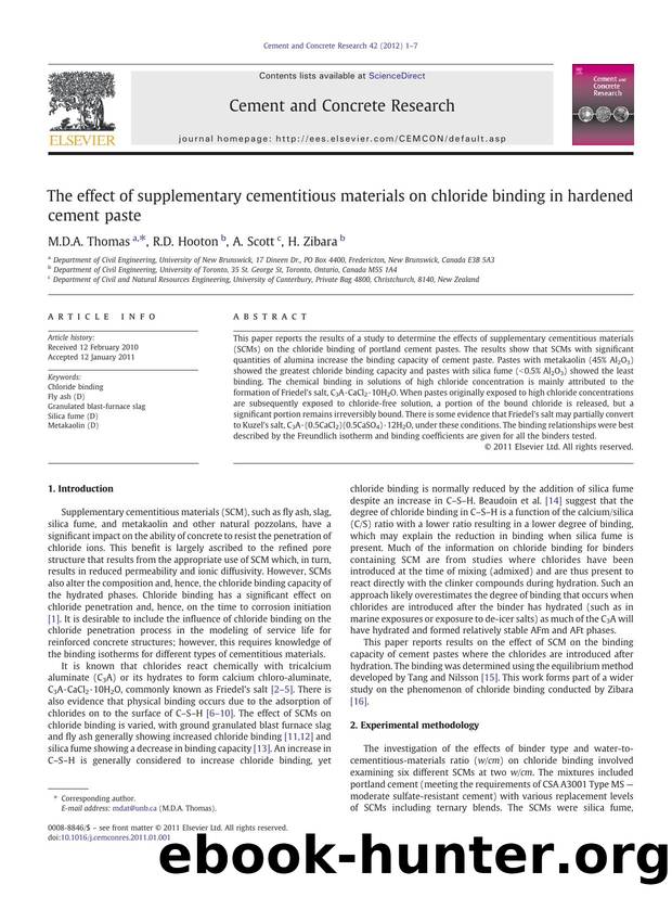 The effect of supplementary cementitious materials on chloride binding in hardened cement paste by M.D.A. Thomas & R.D. Hooton & A. Scott & H. Zibara