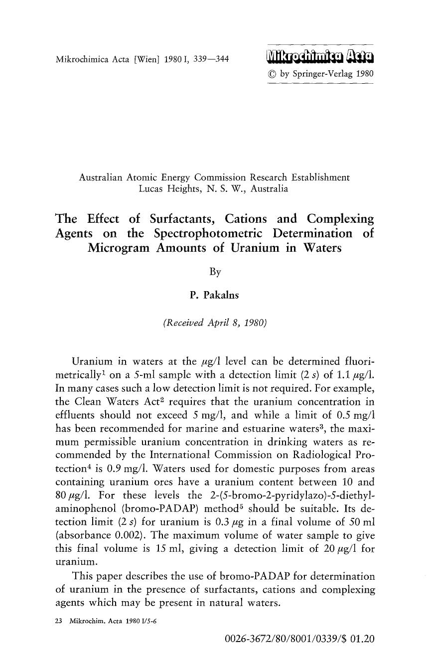 The effect of surfactants, cations and complexing agents on the spectrophotometric determination of microgram amounts of uranium in waters by Unknown