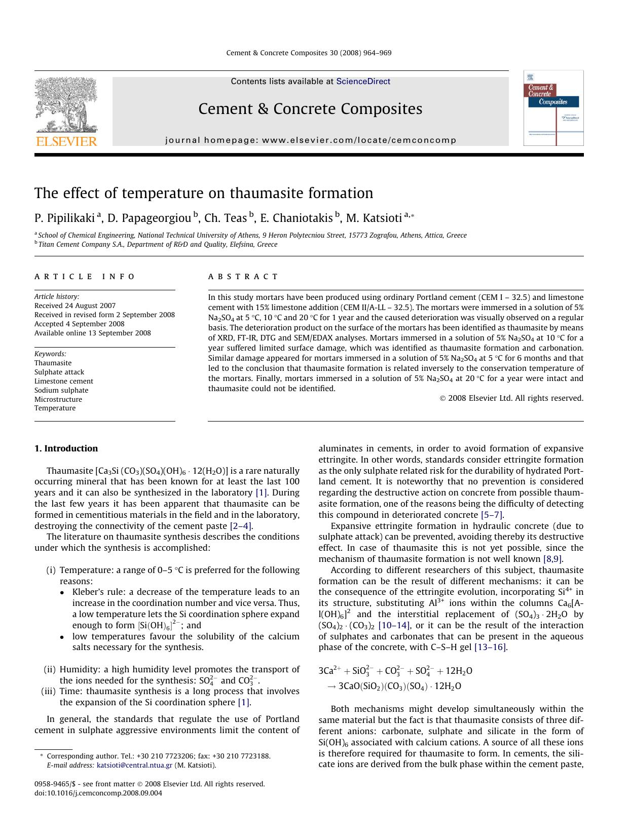 The effect of temperature on thaumasite formation by P. Pipilikaki; D. Papageorgiou; Ch. Teas; E. Chaniotakis; M. Katsioti