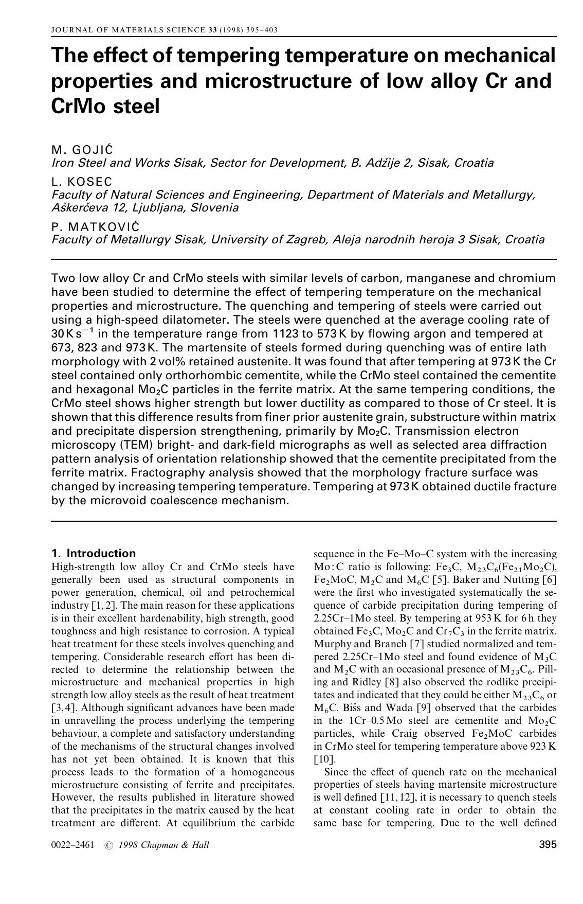 The effect of tempering temperature on mechanical properties and microstructure of low alloy Cr and CrMo steel by Unknown