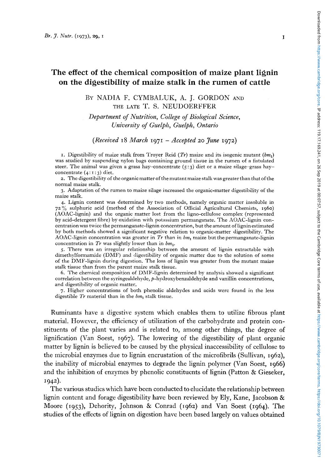 The effect of the chemical composition of maize plant lignin on the digestibility of maize stalk in the rumen of cattle by Nadia F. Cymbaluk A. J. Gordon & T. S. Neudoerffer