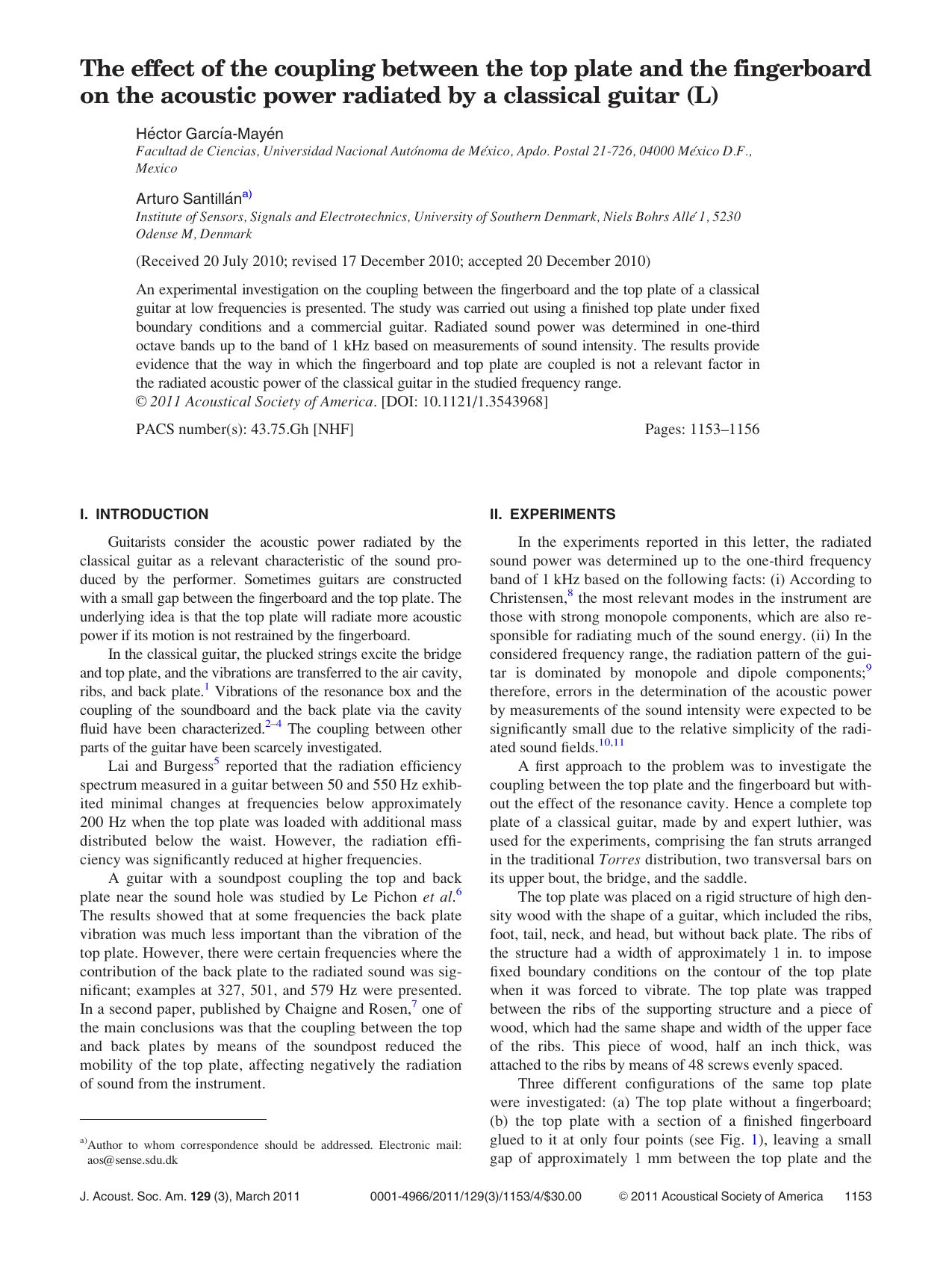 The effect of the coupling between the top plate and the fingerboard on the acoustic power radiated by a classical guitar (L) by Hector Garcıa-Mayen & Arturo Santillan