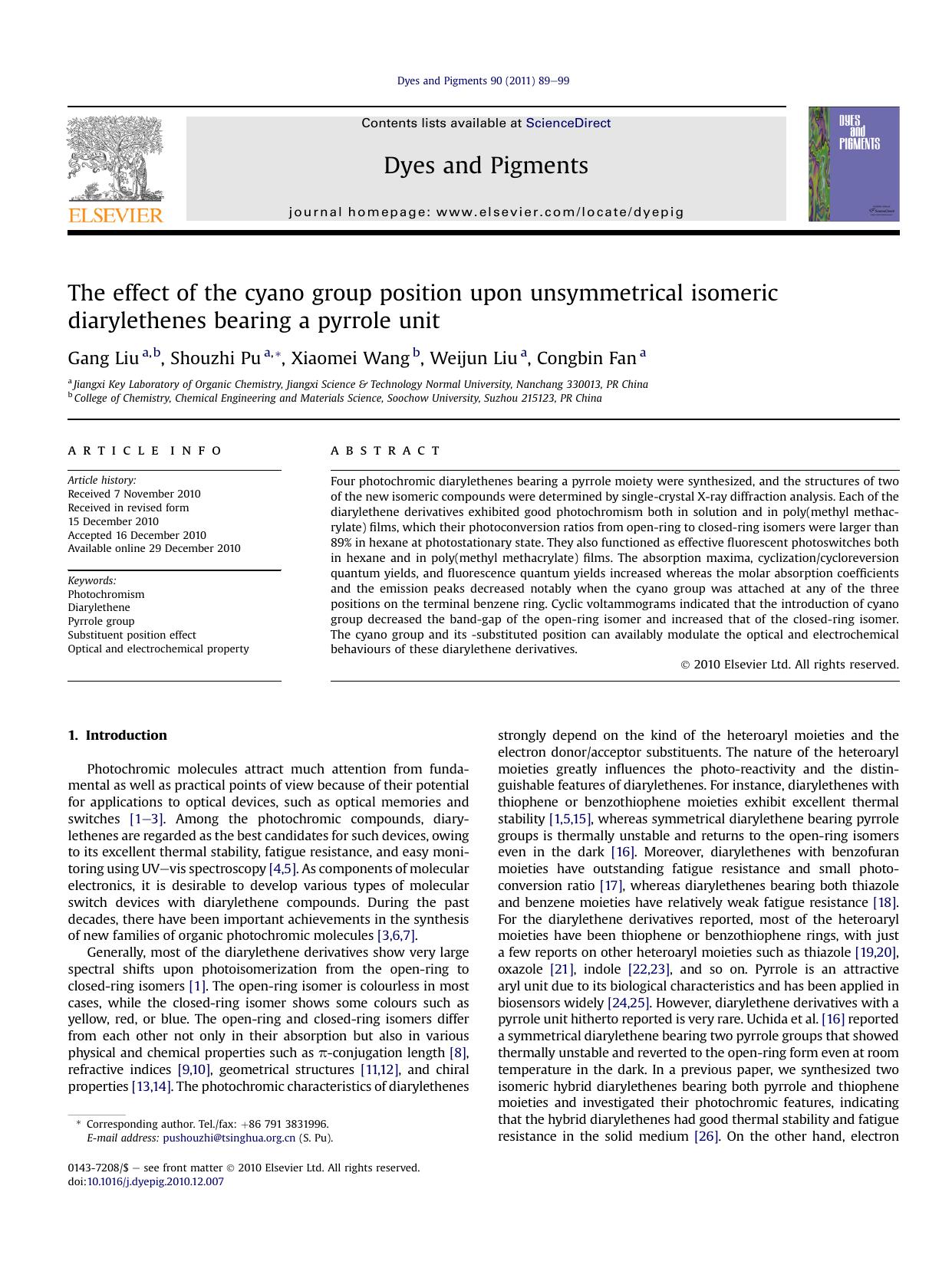The effect of the cyano group position upon unsymmetrical isomeric diarylethenes bearing a pyrrole unit by Gang Liu & Shouzhi Pu & Xiaomei Wang & Weijun Liu & Congbin Fan