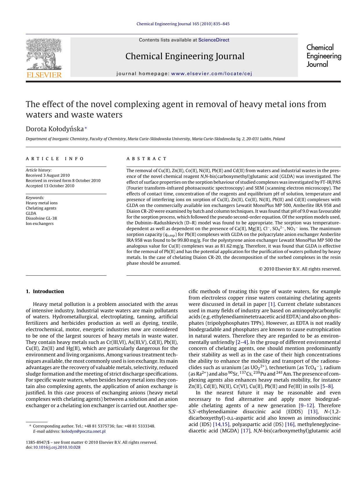 The effect of the novel complexing agent in removal of heavy metal ions from waters and waste waters by Dorota KoÅ‚odyÅ„ska