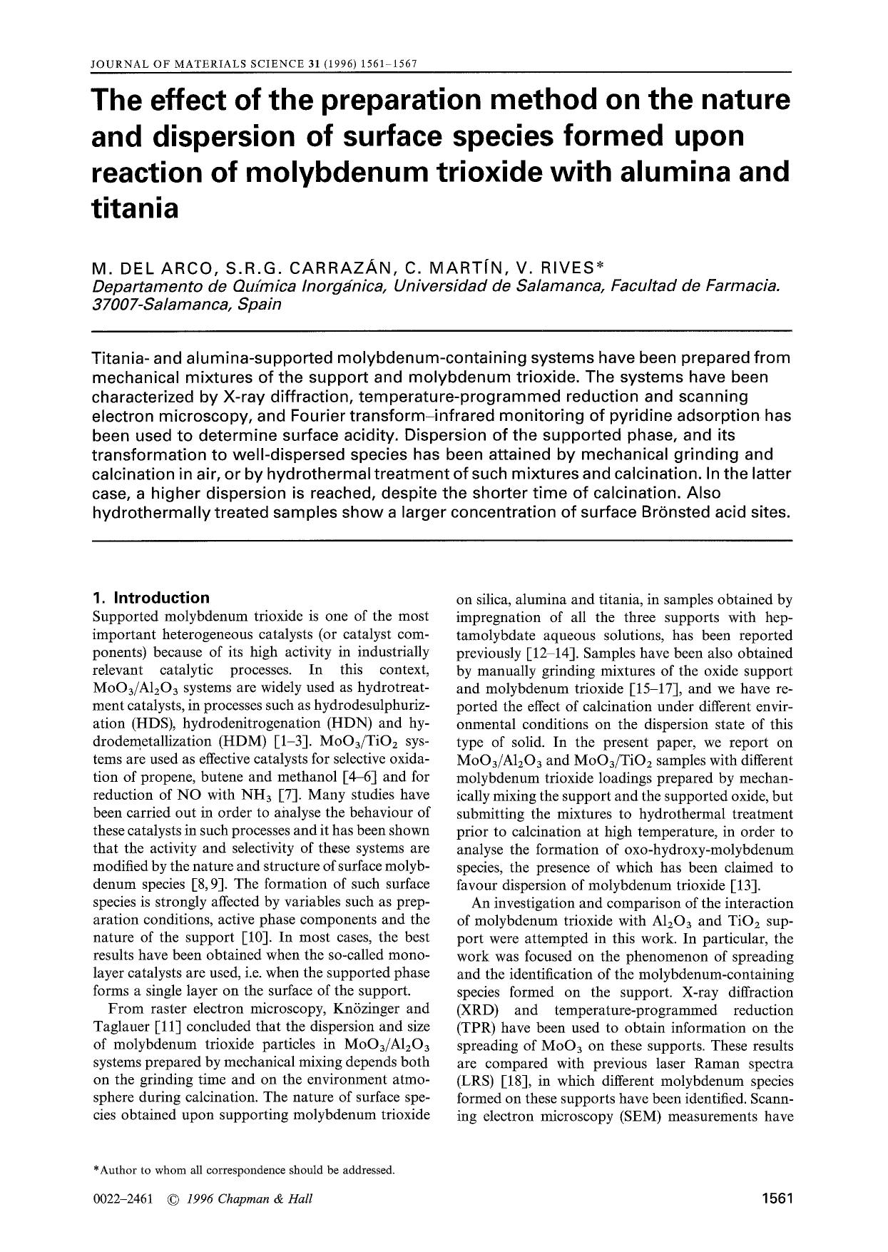 The effect of the preparation method on the nature and dispersion of surface species formed upon reaction of molybdenum trioxide with alumina and titania by Unknown