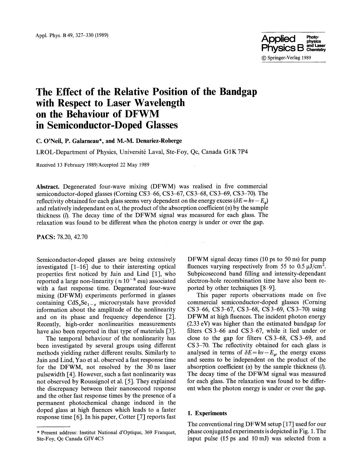 The effect of the relative position of the bandgap with respect to laser wavelength on the behaviour of DFWM in semiconductor-doped glasses by unknow