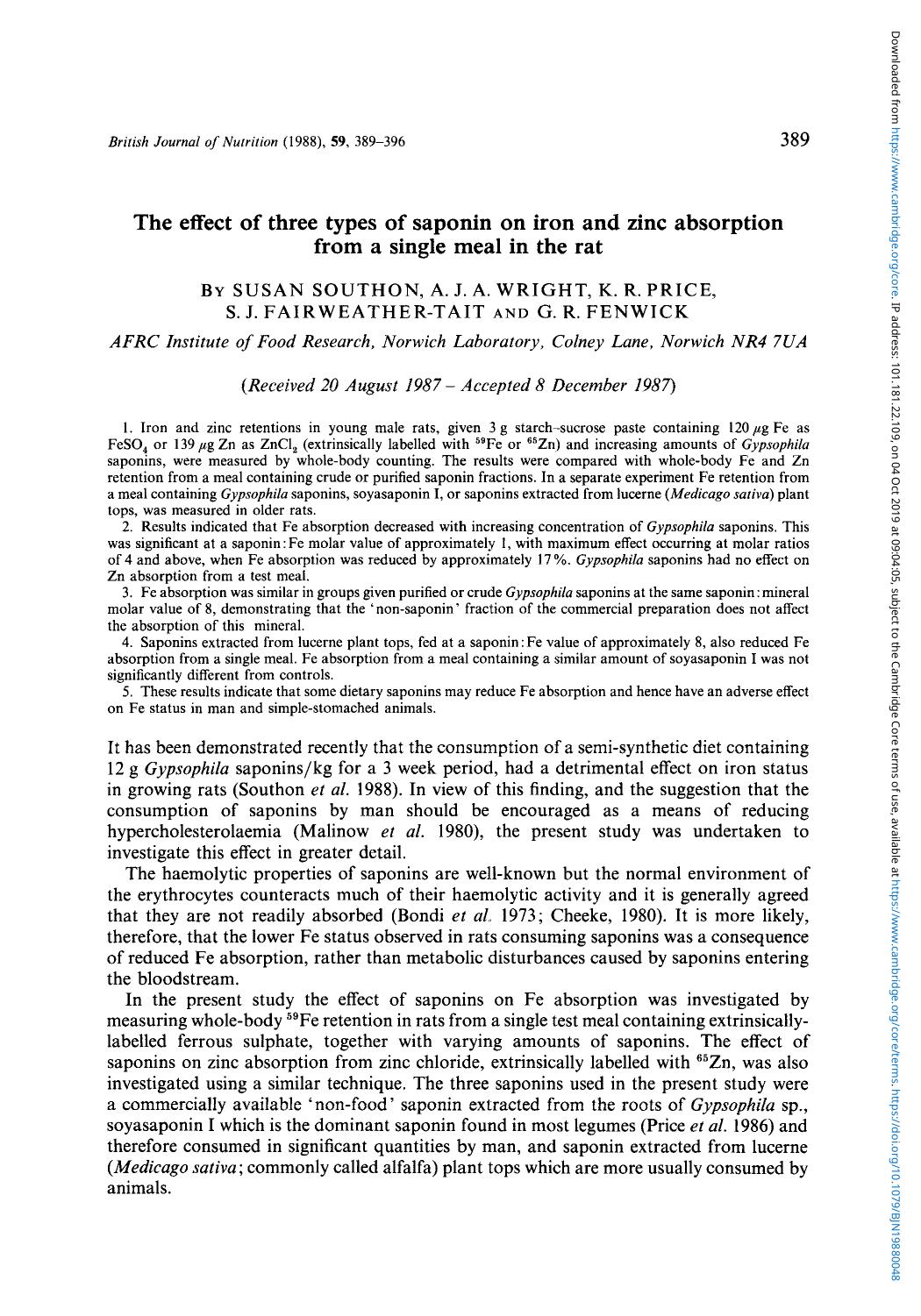 The effect of three types of saponin on iron and zinc absorption from a single meal in the rat by Susan Southon A. J. A. Wright K. R. Price S. J. Fairweather-Tait & G. R. Fenwick