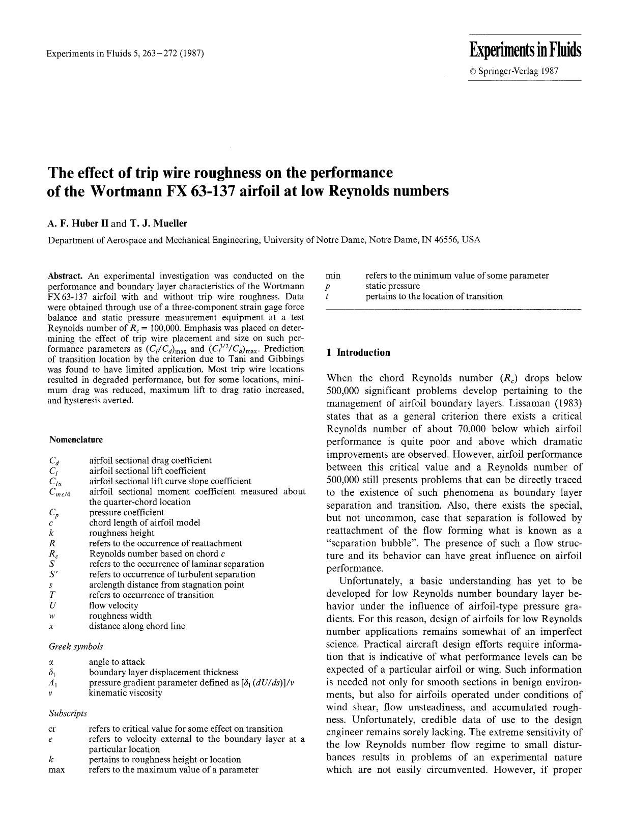 The effect of trip wire roughness on the performance of the Wortmann FX 63-137 airfoil at low Reynolds numbers by Unknown