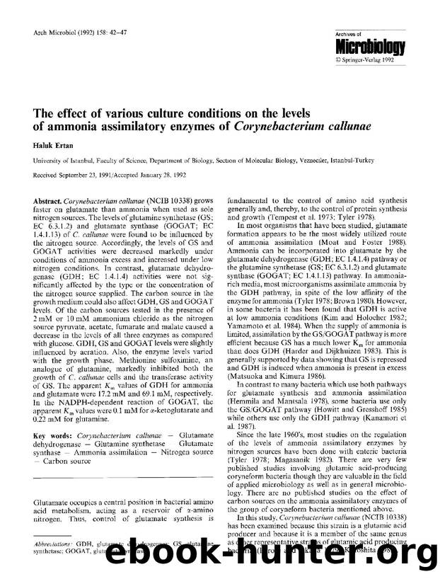 The effect of various culture conditions on the levels of ammonia assimilatory enzymes of <Emphasis Type="Italic">Corynebacterium callunae<Emphasis> by Unknown