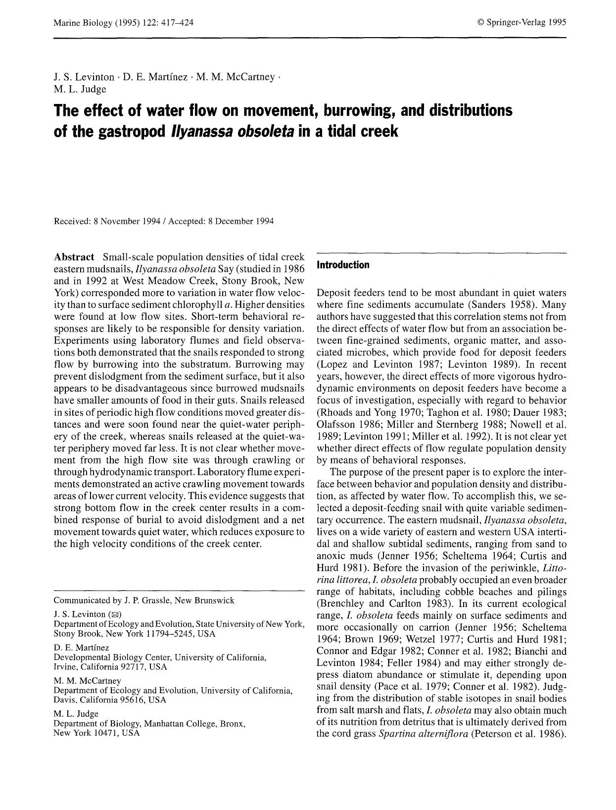 The effect of water flow on movement, burrowing, and distributions of the gastropod <Emphasis Type="Italic">Ilyanassa obsoleta<Emphasis> in a tidal creek by Unknown