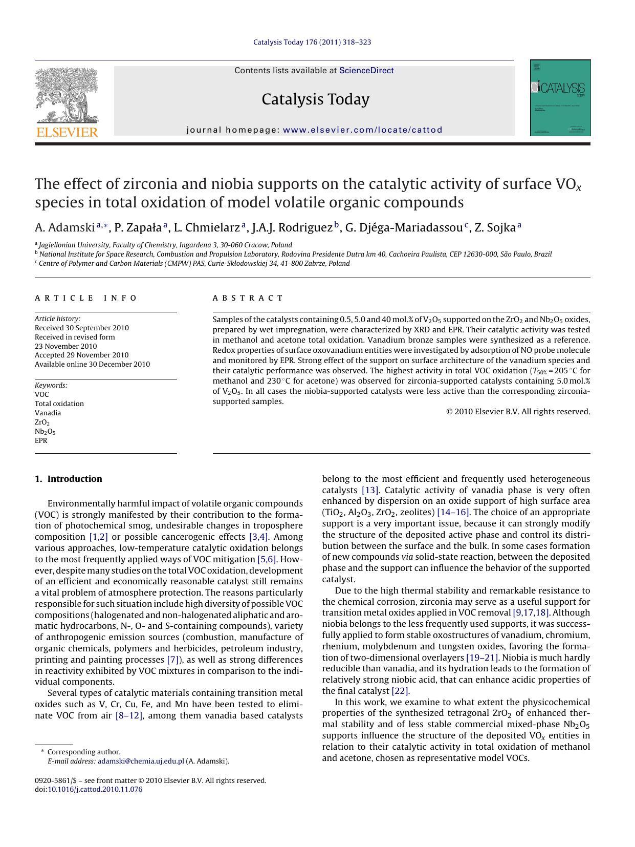 The effect of zirconia and niobia supports on the catalytic activity of surface VOx species in total oxidation of model volatile organic compounds by A. Adamski