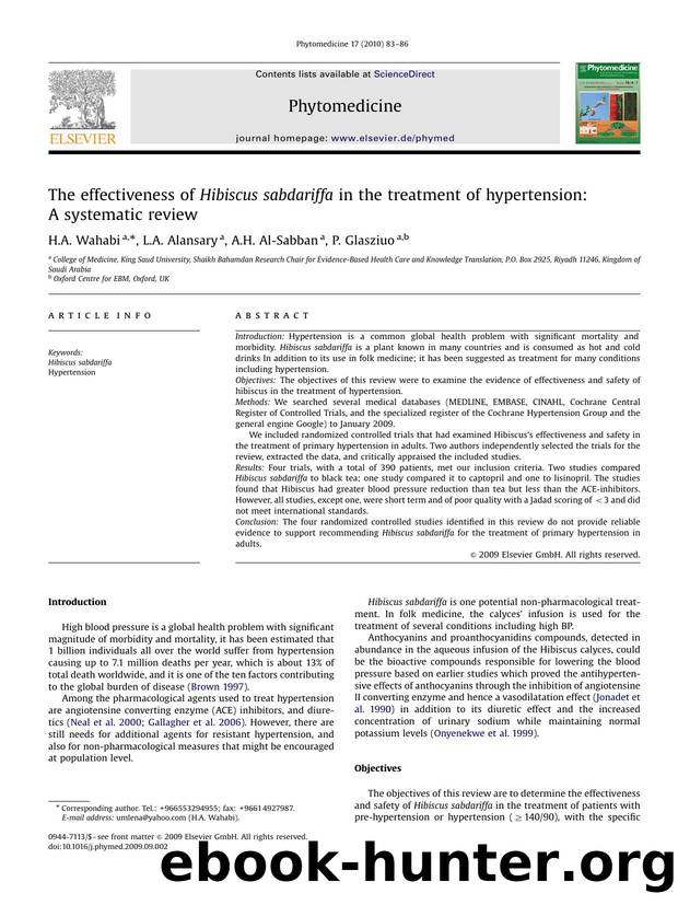The effectiveness of Hibiscus sabdariffa in the treatment of hypertension A systematic review by H.A. Wahabi; L.A. Alansary; A.H. Al-Sabban; P. Glasziuo