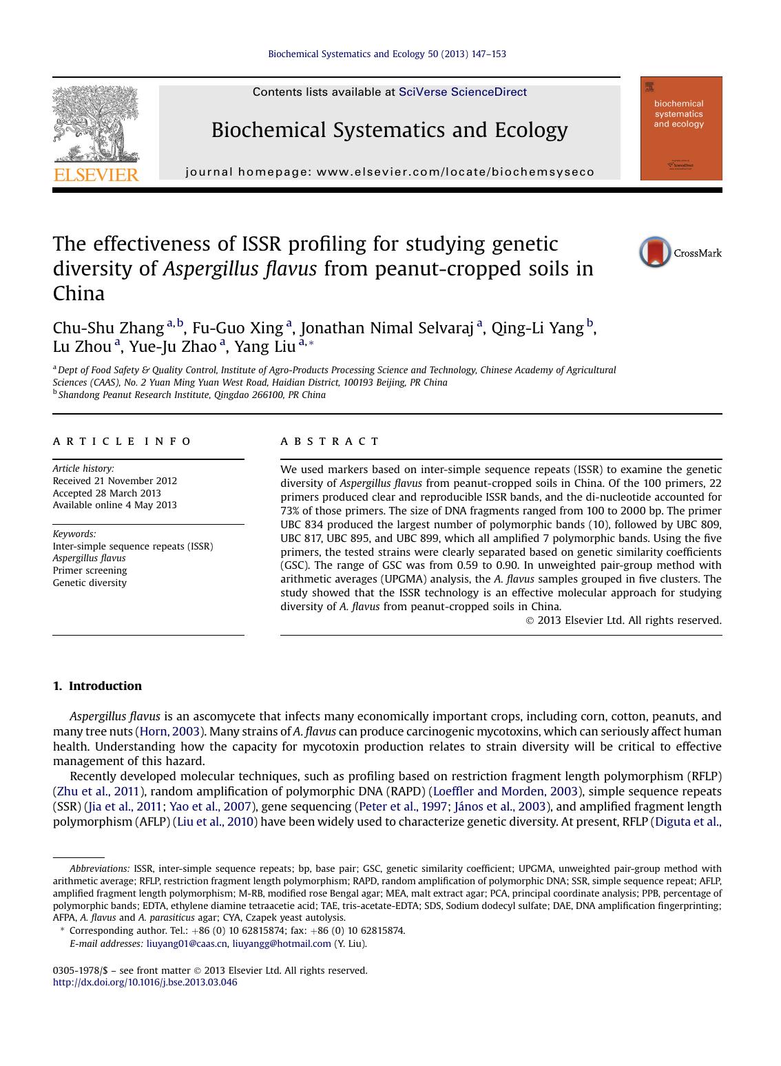 The effectiveness of ISSR profiling for studying genetic diversity of Aspergillus flavus from peanut-cropped soils in China by unknow