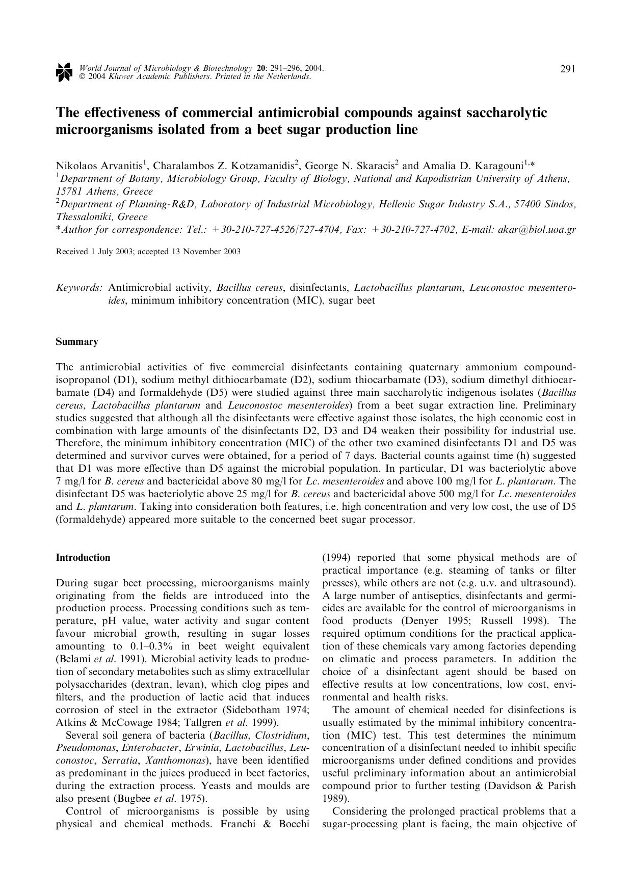 The effectiveness of commercial antimicrobial compounds against saccharolytic microorganisms isolated from a beet sugar production line by Unknown