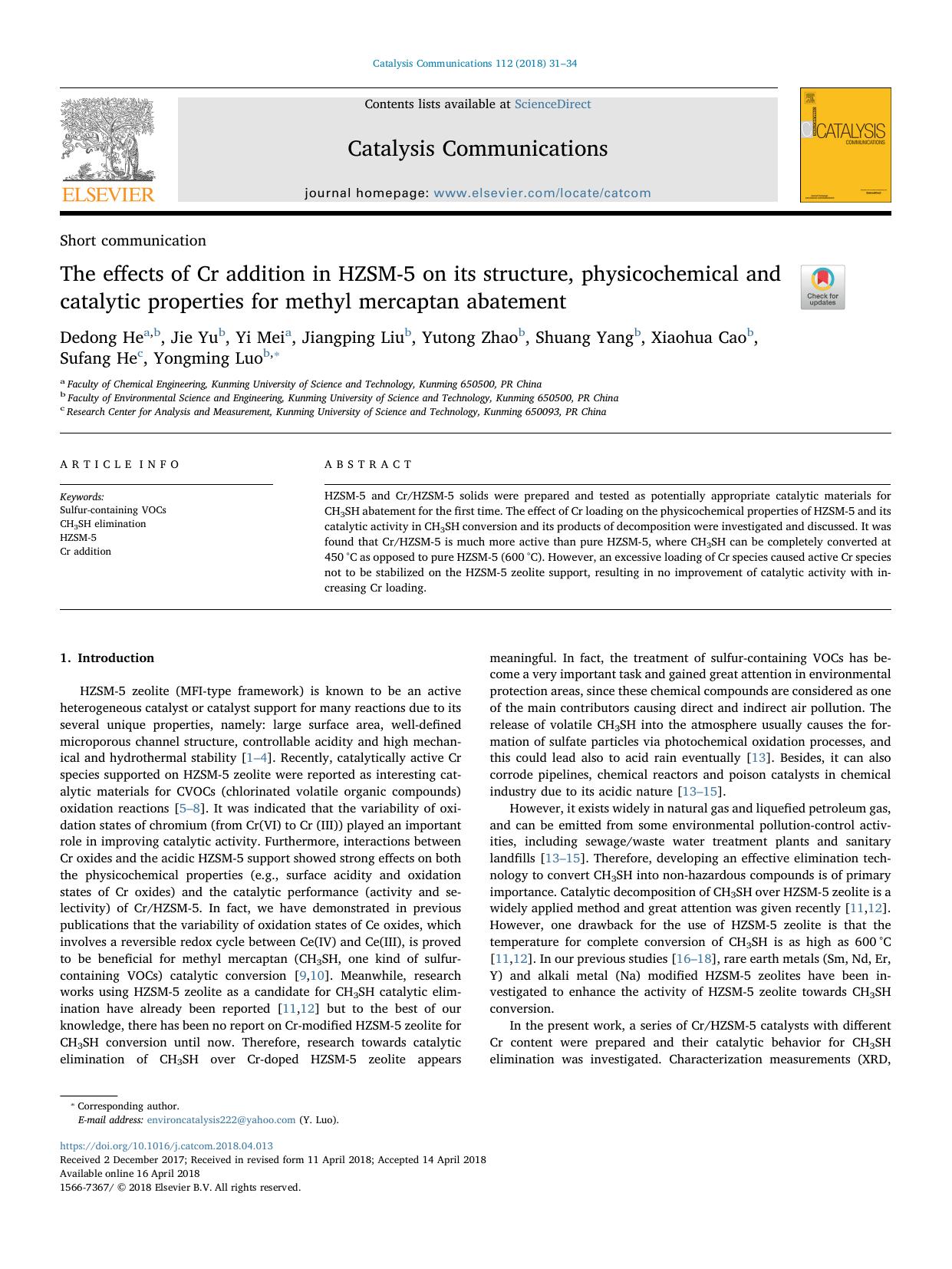 The effects of Cr addition in HZSM-5 on its structure, physicochemical and catalytic properties for methyl mercaptan abatement by unknow