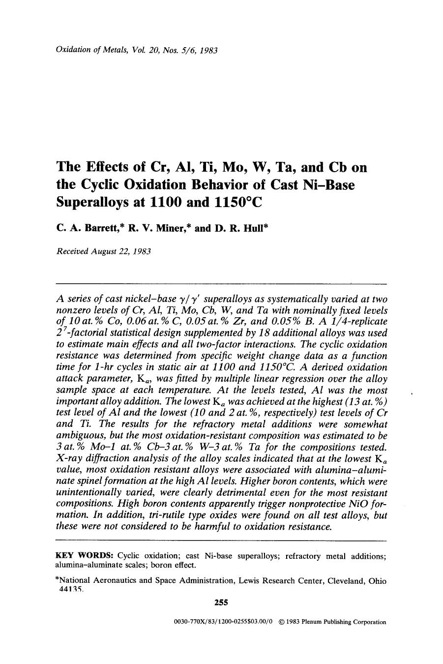 The effects of Cr, Al, Ti, Mo, W, Ta, and Cb on the cyclic oxidation behavior of cast Ni-base superalloys at 1100 and 1150&#x00B0;C by Unknown
