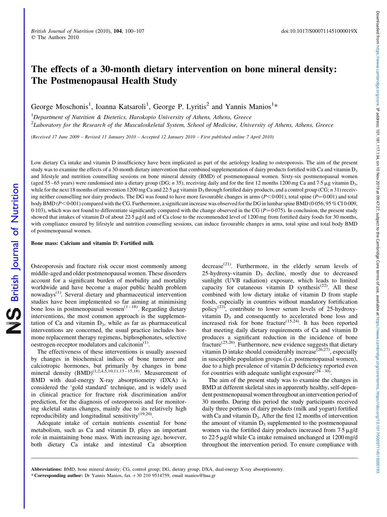 The effects of a 30-month dietary intervention on bone mineral density: The Postmenopausal Health Study by George Moschonis Ioanna Katsaroli George P. Lyritis Yannis Manios