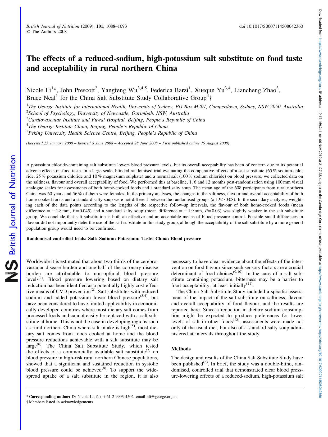 The effects of a reduced-sodium, high-potassium salt substitute on food taste and acceptability in rural northern China by Nicole Li John Prescott Yangfeng Wu Federica Barzi Xuequn Yu Liancheng Zhao Bruce Neal