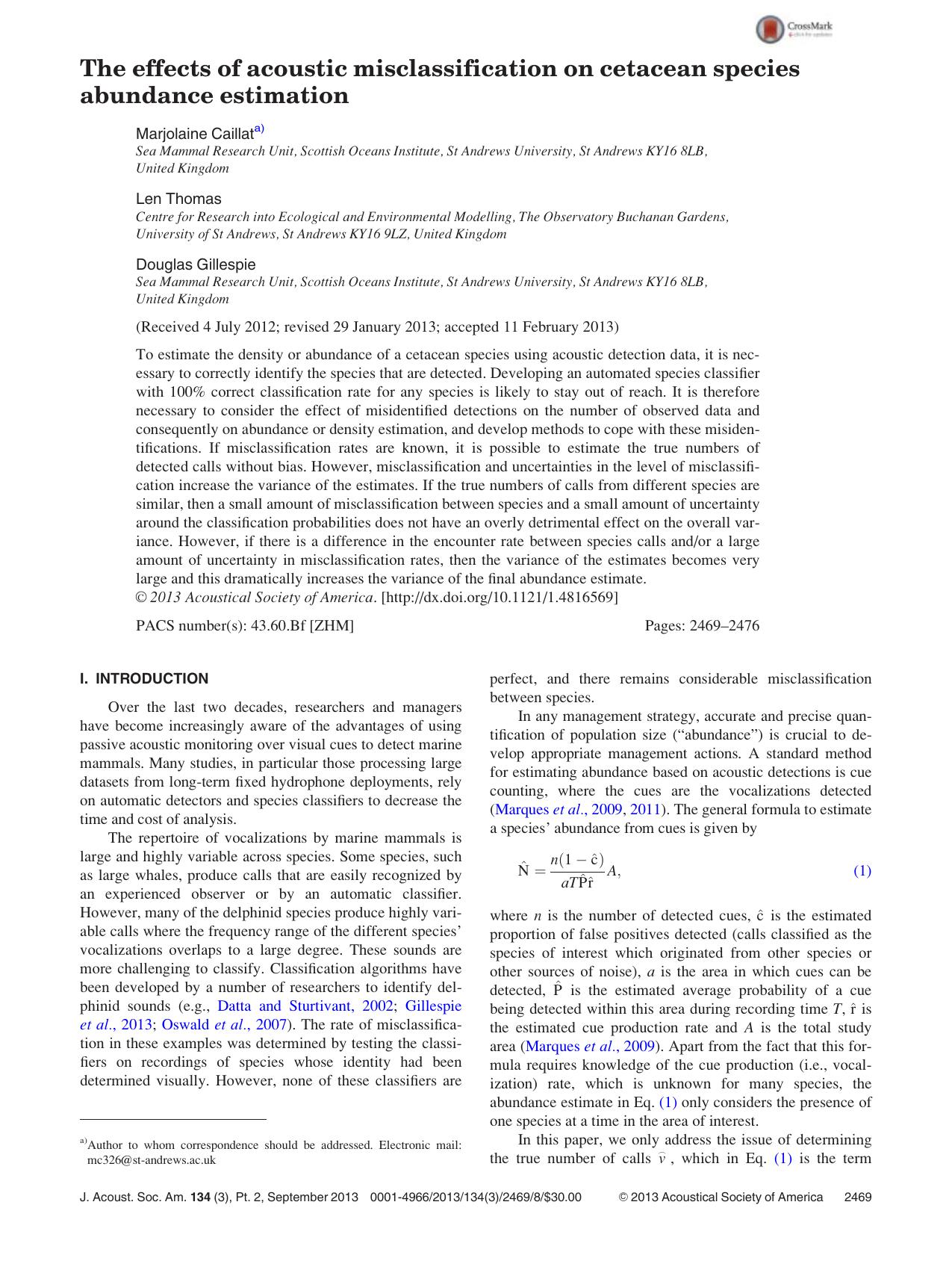 The effects of acoustic misclassification on cetacean species abundance estimation by Marjolaine Caillata) Len Thomas and Douglas Gillespie