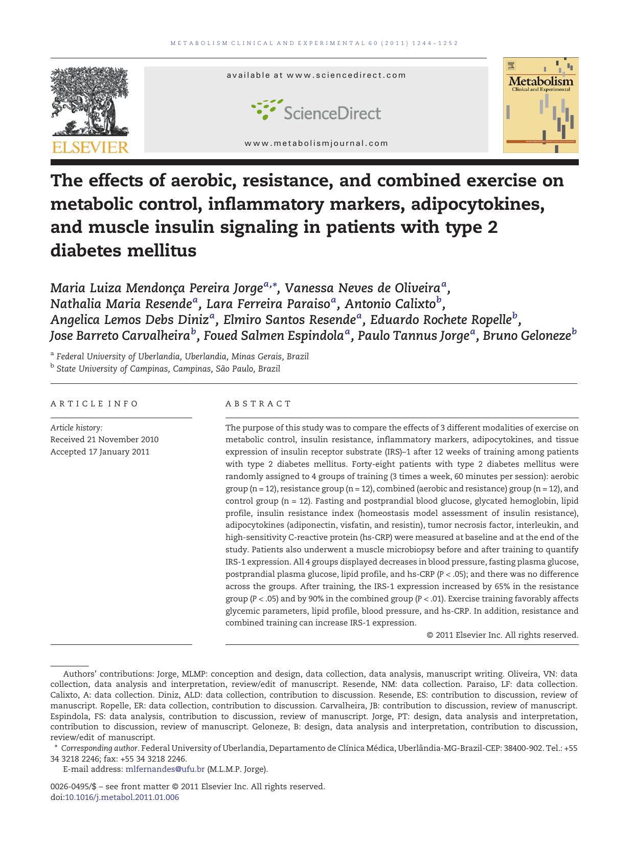 The effects of aerobic, resistance, and combined exercise on metabolic control, inflammatory markers, adipocytokines, and muscle insulin signaling in patients with type 2 diabetes mellitus by unknow
