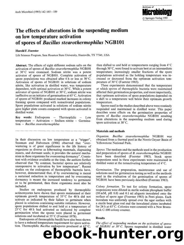 The effects of alterations in the suspending medium on low temperature activation of spores of <Emphasis Type="Italic">Bacillus stearothermophilus<Emphasis> NGB101 by Unknown