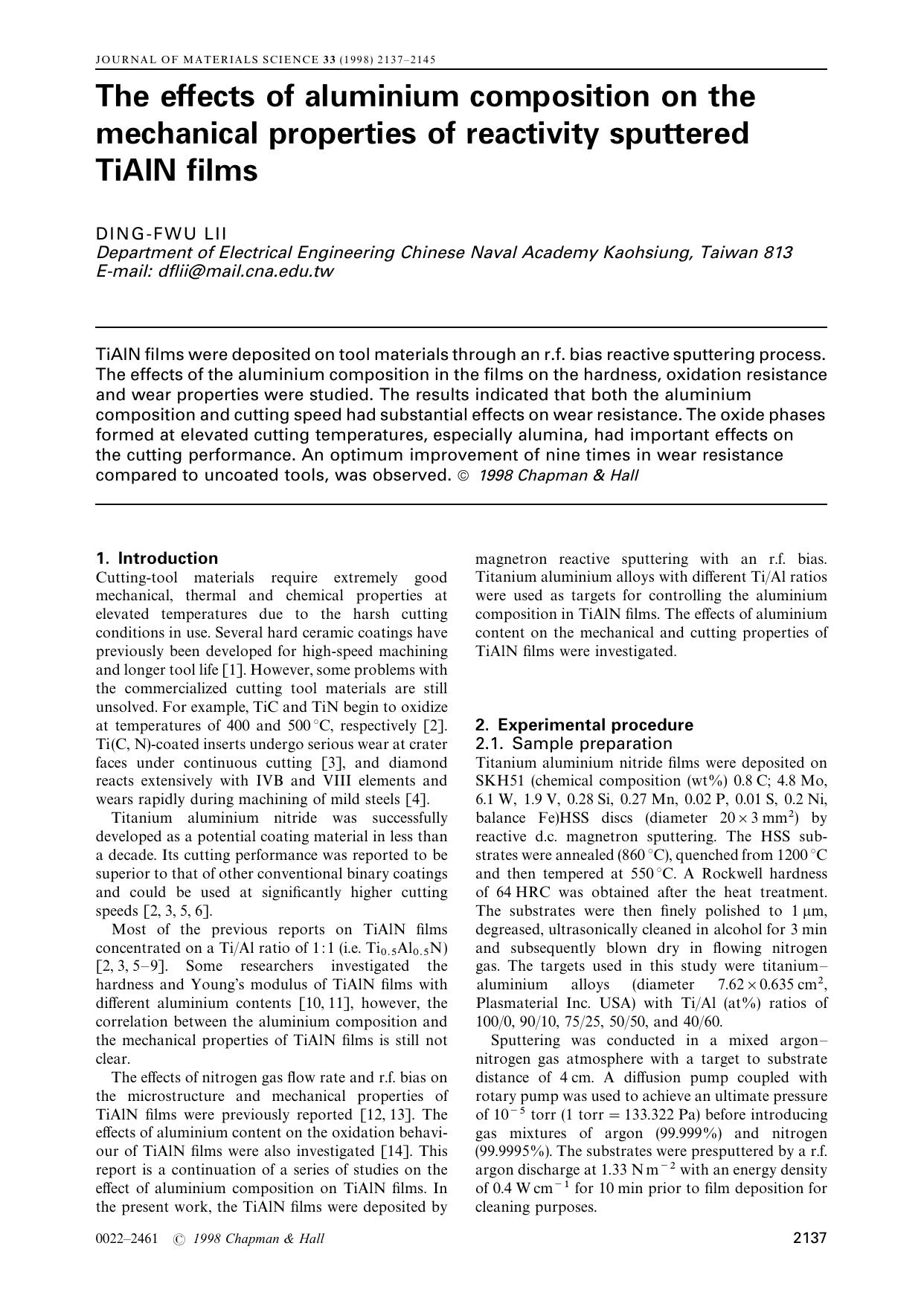 The effects of aluminium composition on the mechanical properties of reactivity sputtered TiAlN films by DING-FWU LII