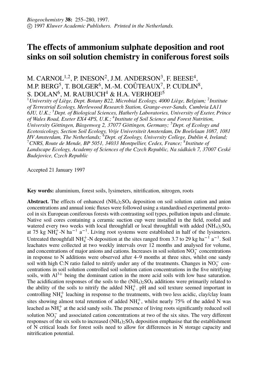 The effects of ammonium sulphate deposition and root sinks on soil solution chemistry in coniferous forest soils by Unknown