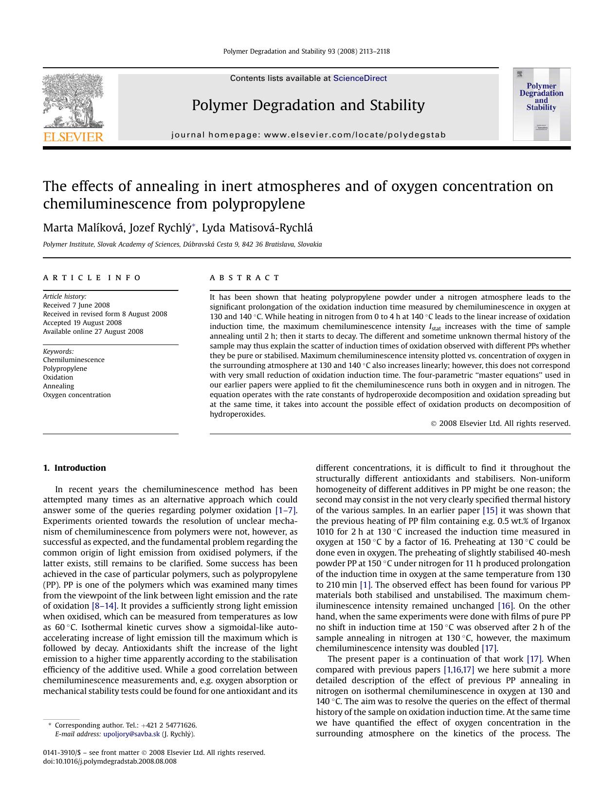 The effects of annealing in inert atmospheres and of oxygen concentration on chemiluminescence from polypropylene by Marta Malíková; Jozef Rychlý; Lyda Matisová-Rychlá