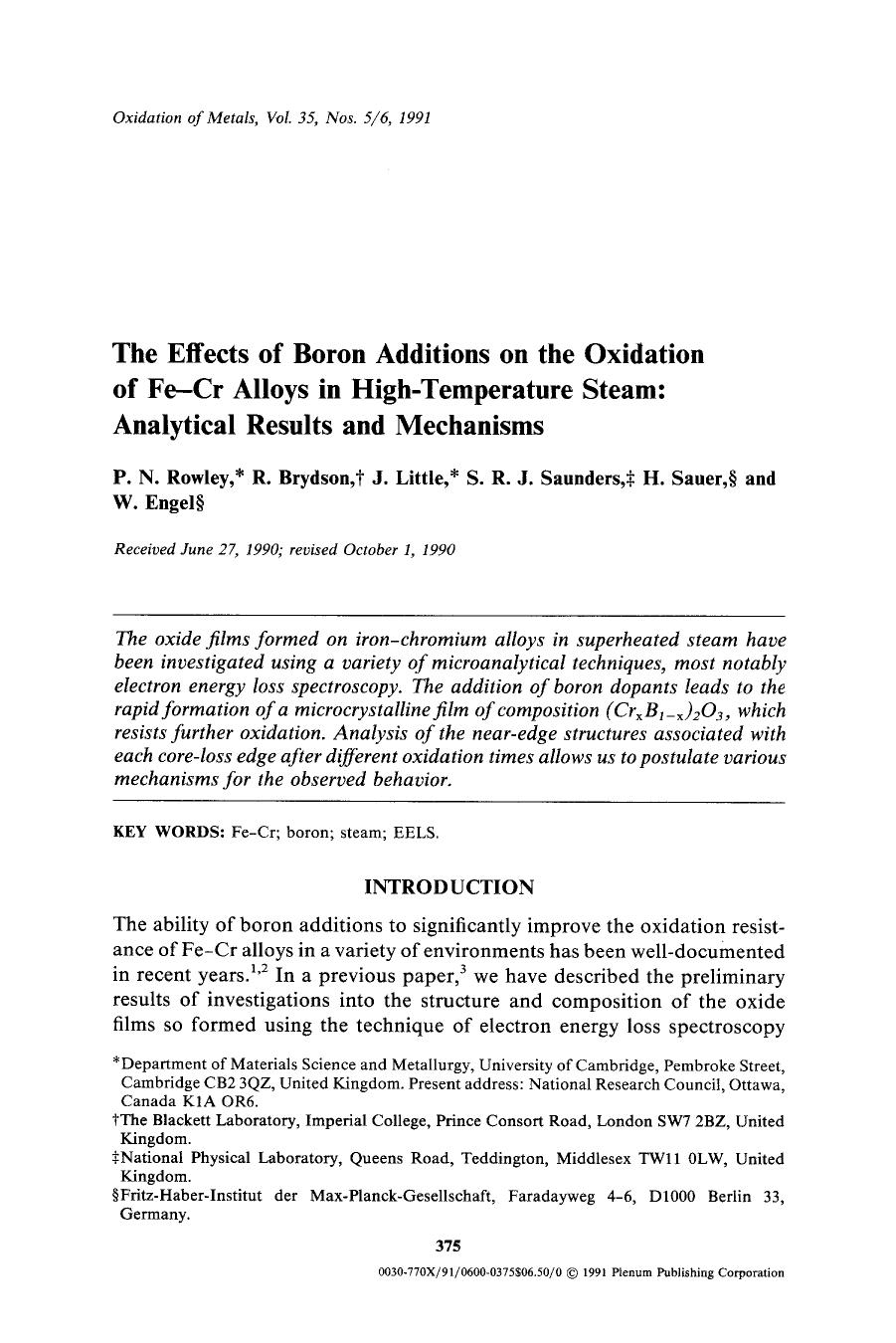 The effects of boron additions on the oxidation of Fe-Cr alloys in high-temperature steam: Analytical results and mechanisms by Unknown