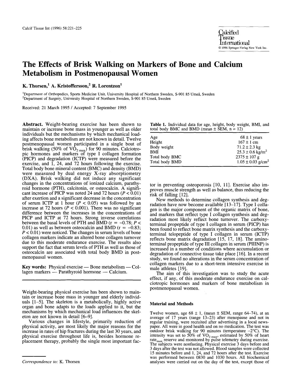 The effects of brisk walking on markers of bone and calcium metabolism in postmenopausal women by Unknown