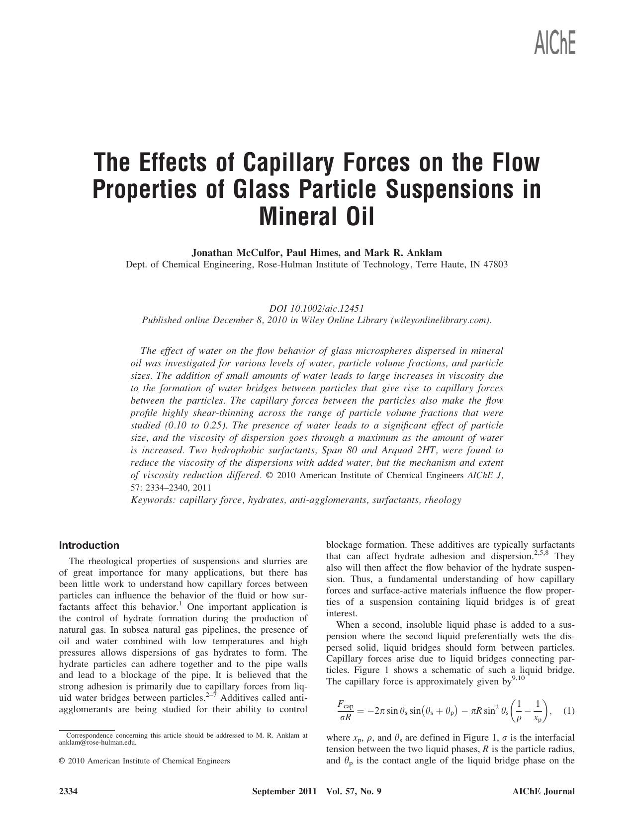 The effects of capillary forces on the flow properties of glass particle suspensions in mineral oil by Unknown