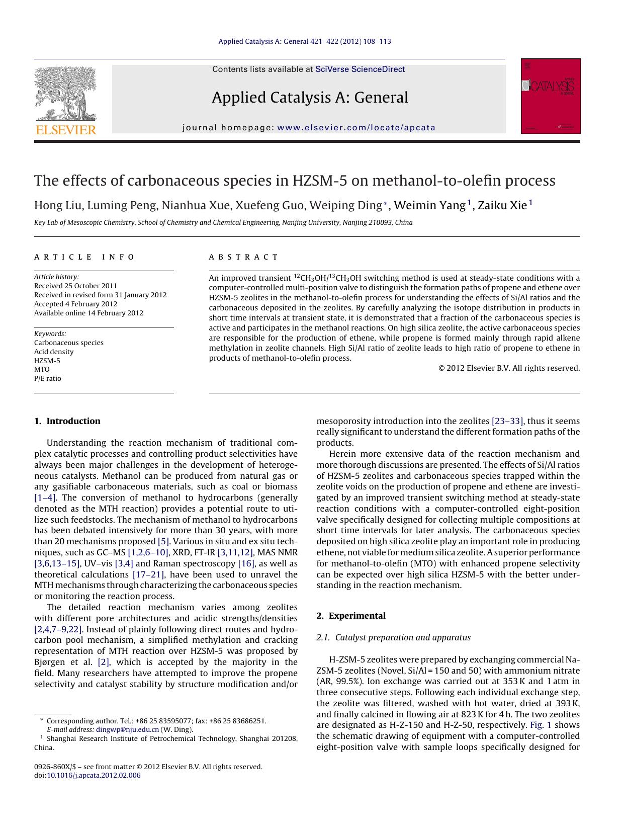 The effects of carbonaceous species in HZSM-5 on methanol-to-olefin process by Hong Liu