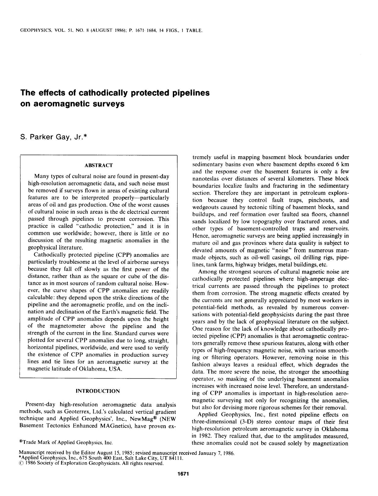 The effects of cathodically protected pipelines on aeromagnetic surveys by Gay S. P. Jr