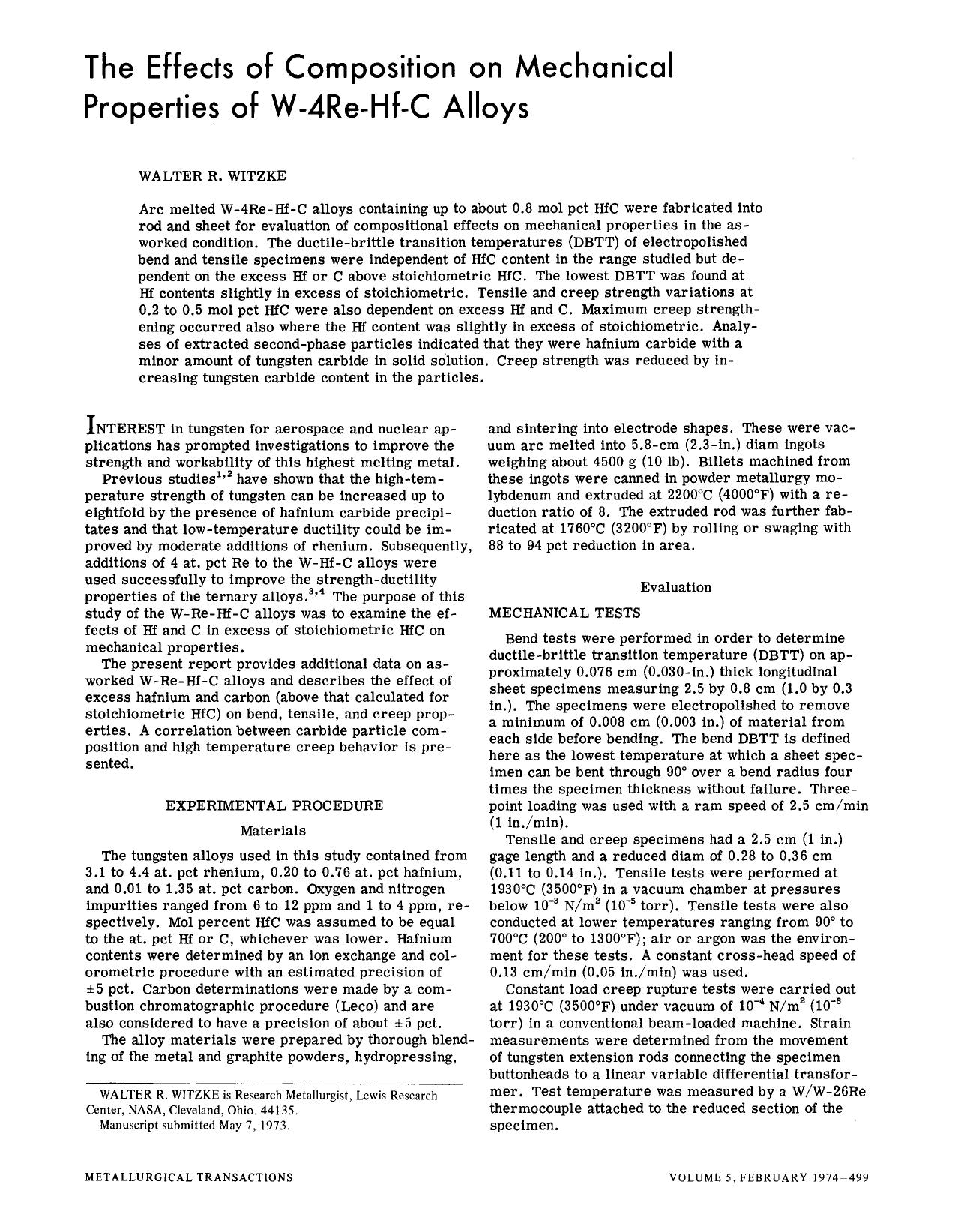 The effects of composition on mechanical properties of W-4Re-Hf-C alloys by Unknown