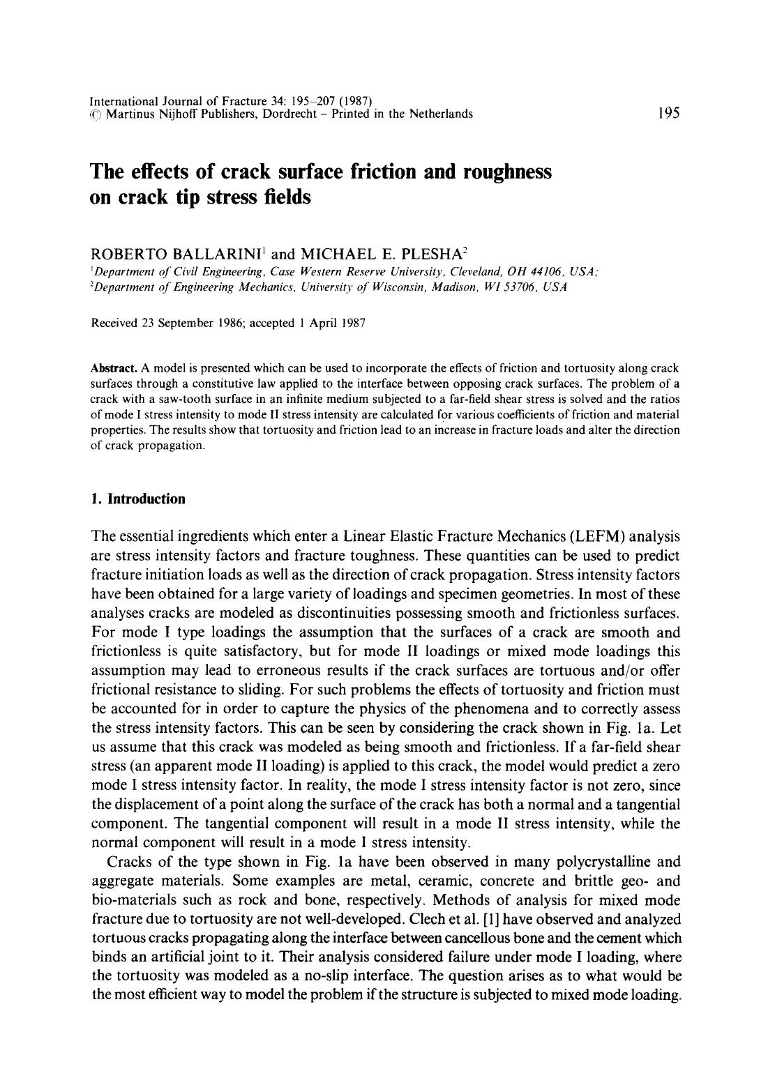 The effects of crack surface friction and roughness on crack tip stress fields by Unknown