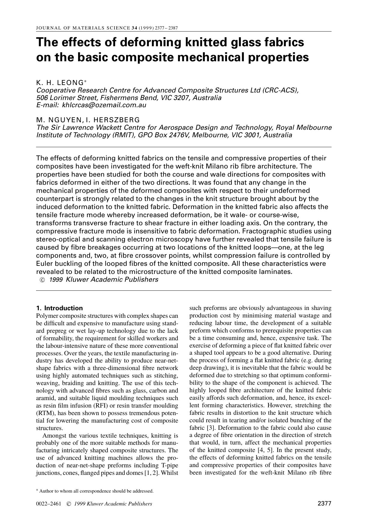 The effects of deforming knitted glass fabrics on the basic composite mechanical properties by Unknown