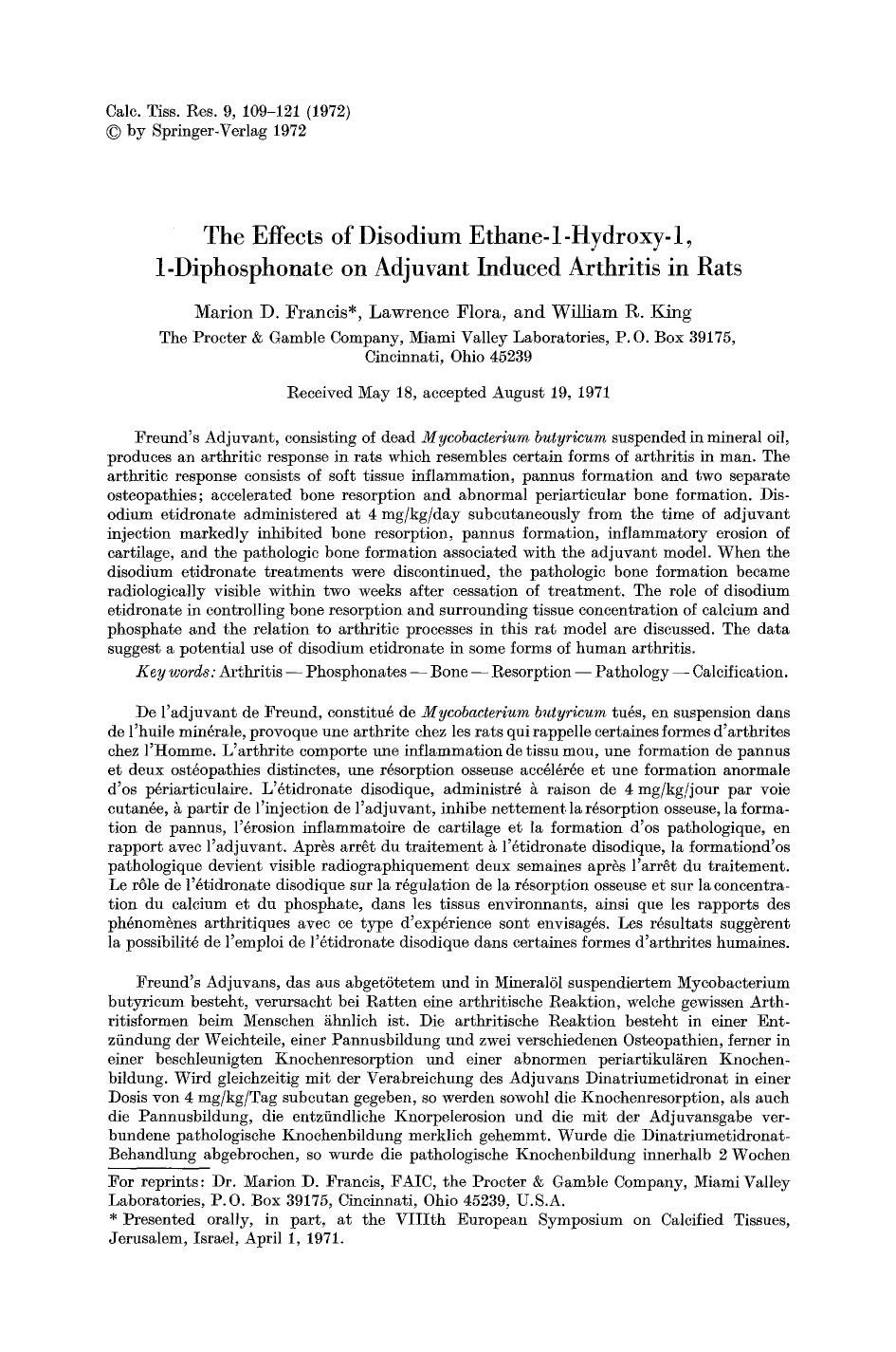 The effects of disodium ethane-1-hydroxy-1, 1-diphosphonate on adjuvant induced arthritis in rats by Unknown