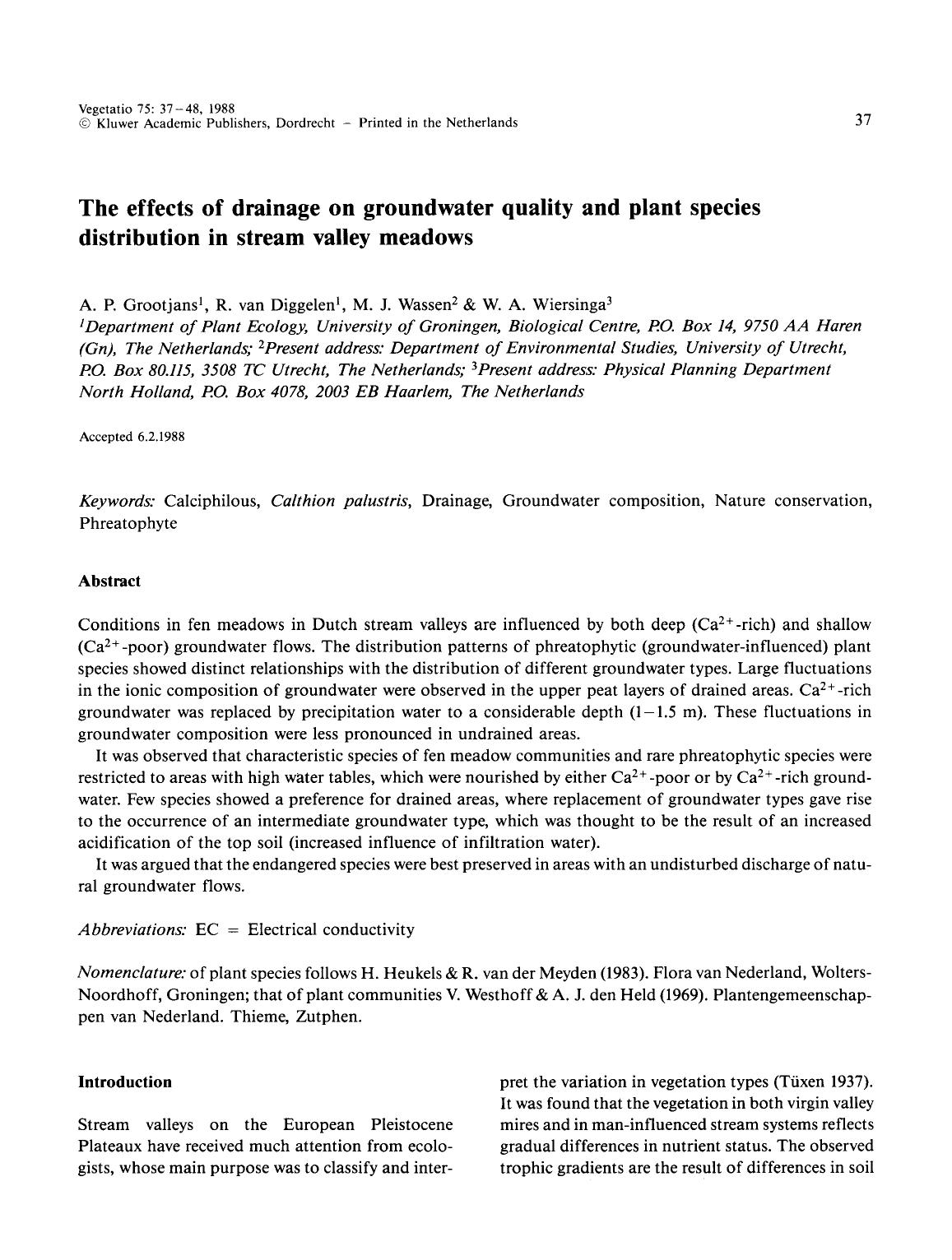 The effects of drainage on groundwater quality and plant species distribution in stream valley meadows by Unknown