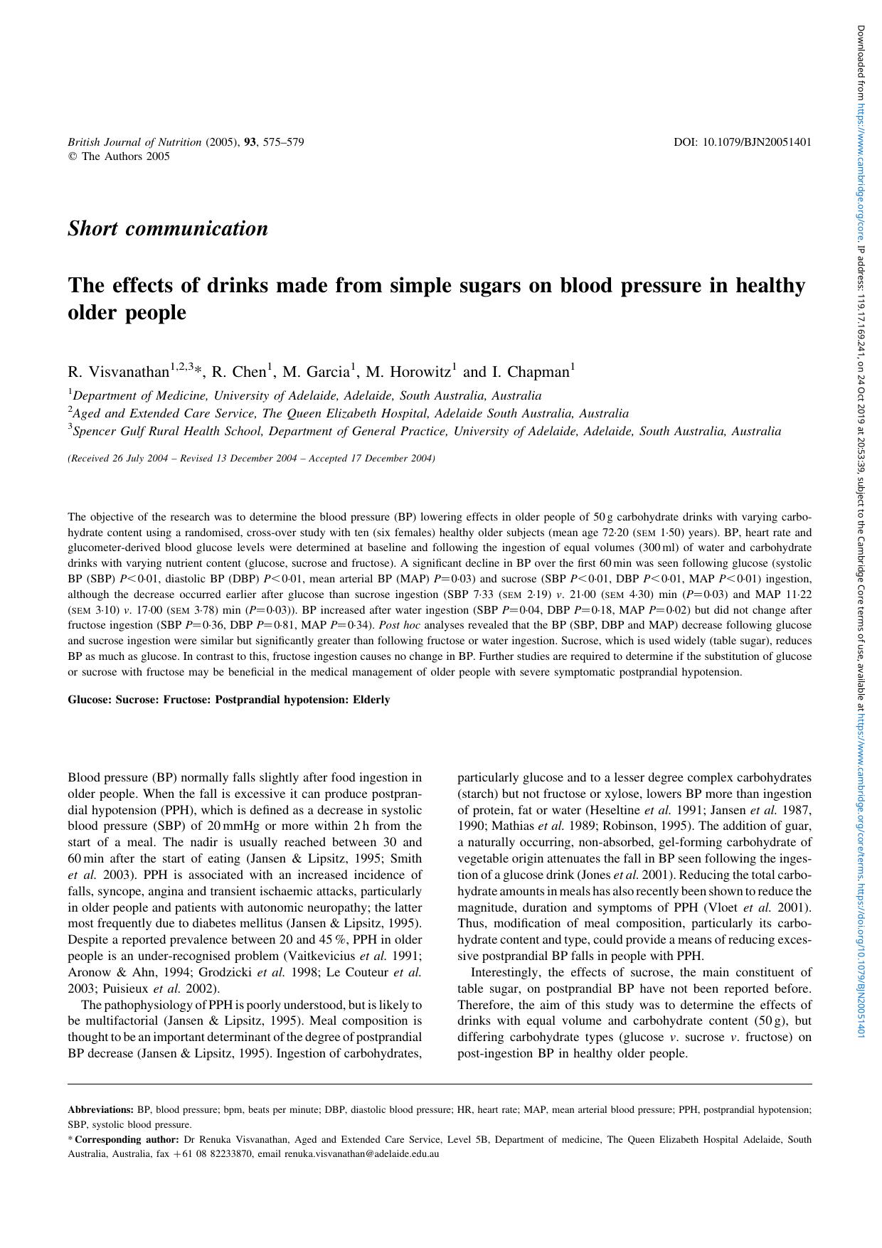 The effects of drinks made from simple sugars on blood pressure in healthy older people by R. Visvanathan R. Chen M. Garcia M. Horowitz I. Chapman