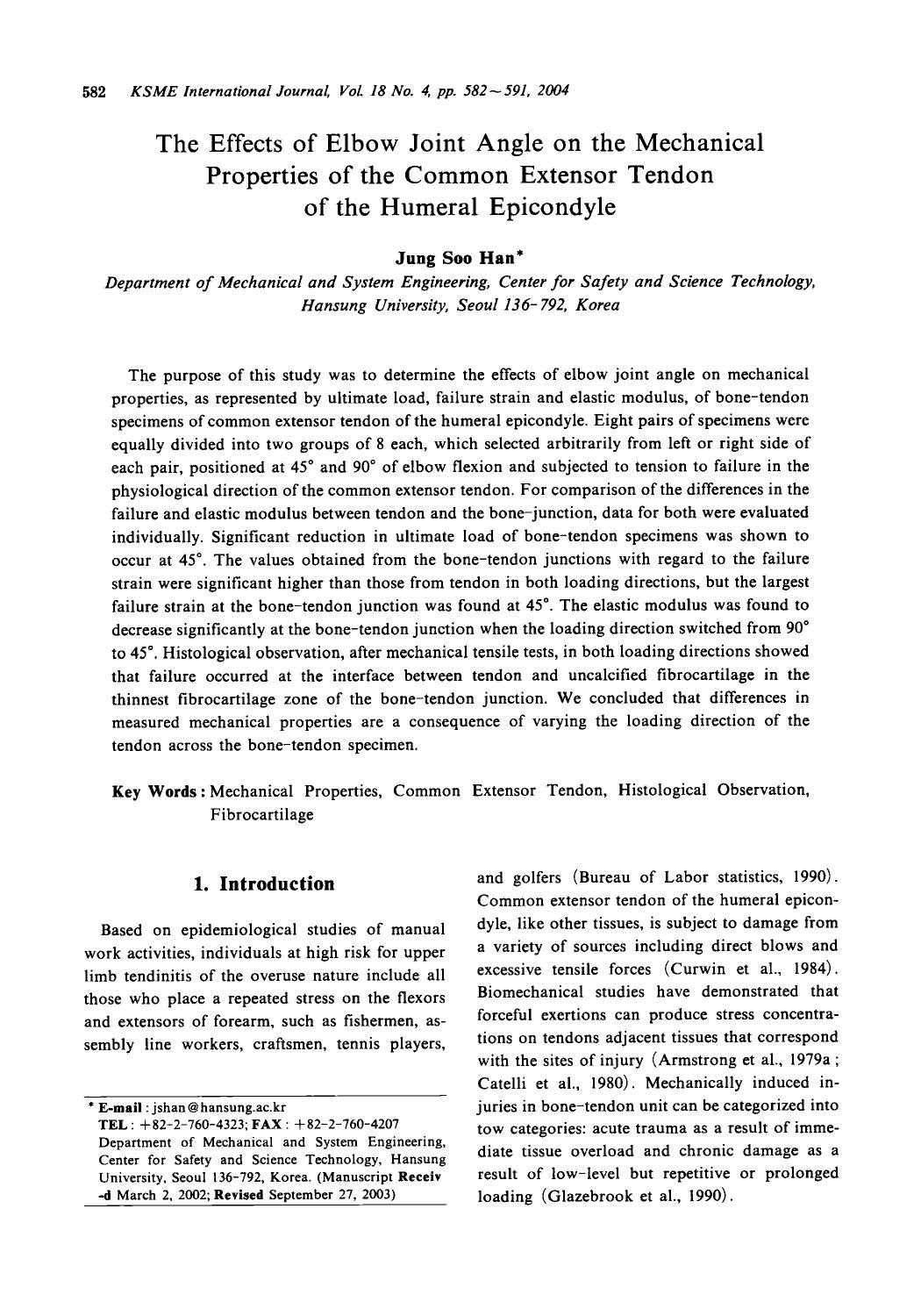 The effects of elbow joint angle on the mechanical properties of the common extensor tendon of the humeral epicondyle by Unknown