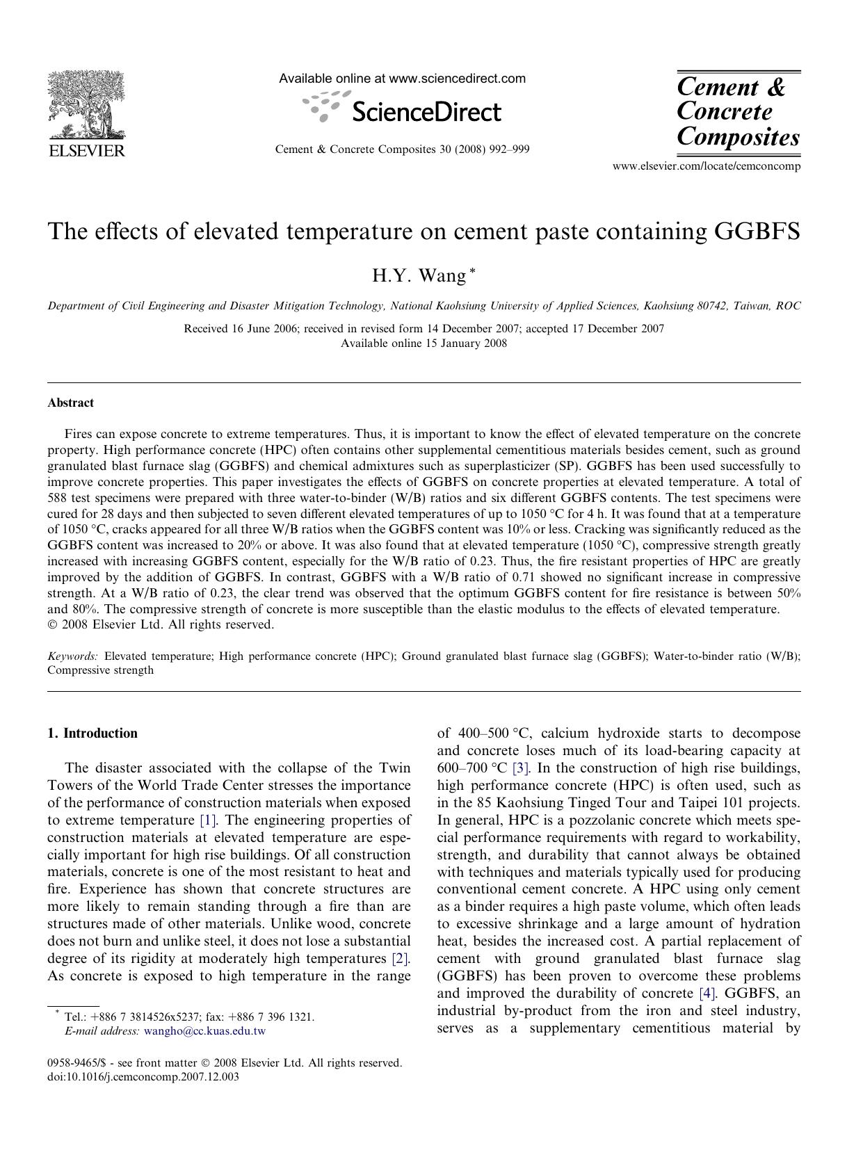 The effects of elevated temperature on cement paste containing GGBFS by H.Y. Wang