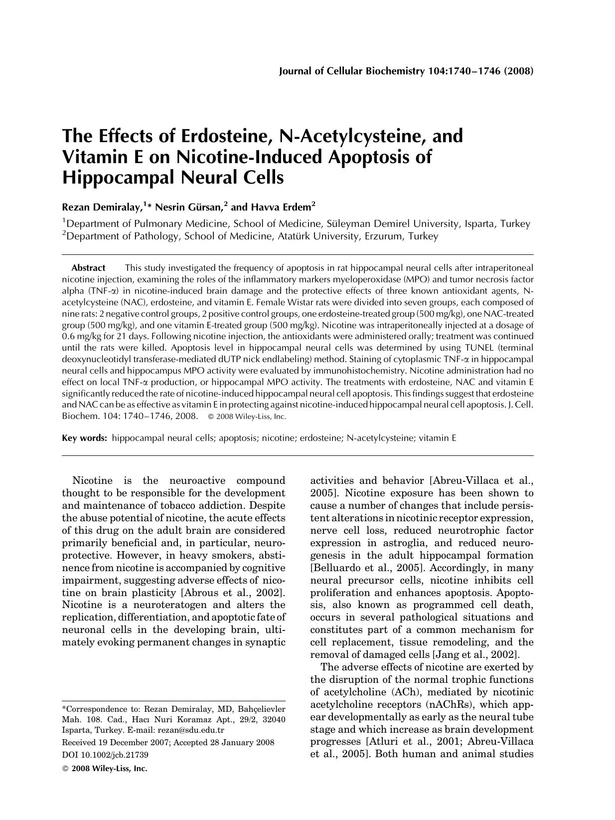 The effects of erdosteine, N-acetylcysteine, and vitamin E on nicotine-induced apoptosis of hippocampal neural cells by Unknown