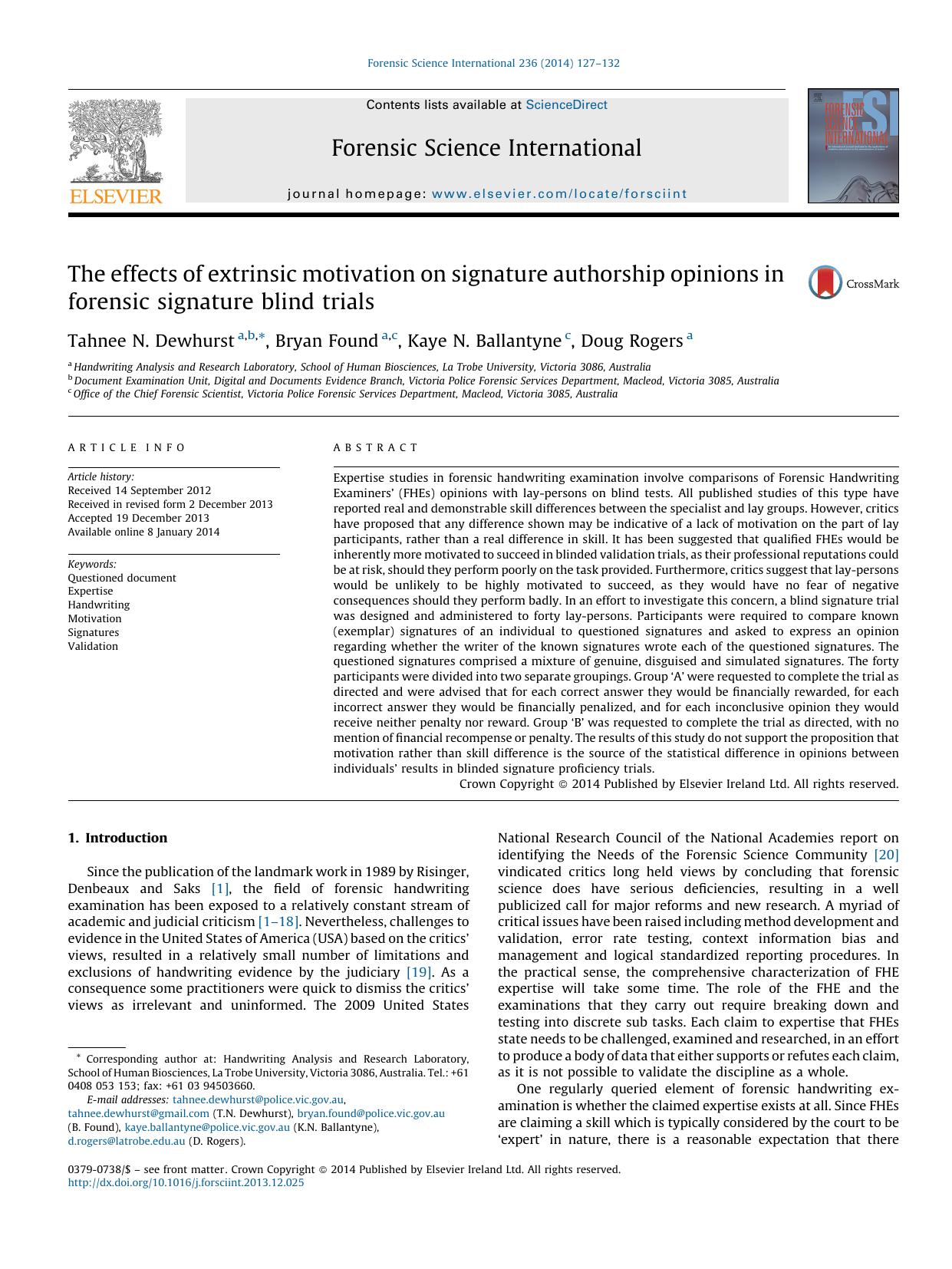 The effects of extrinsic motivation on signature authorship opinions in forensic signature blind trials by Tahnee N. Dewhurst