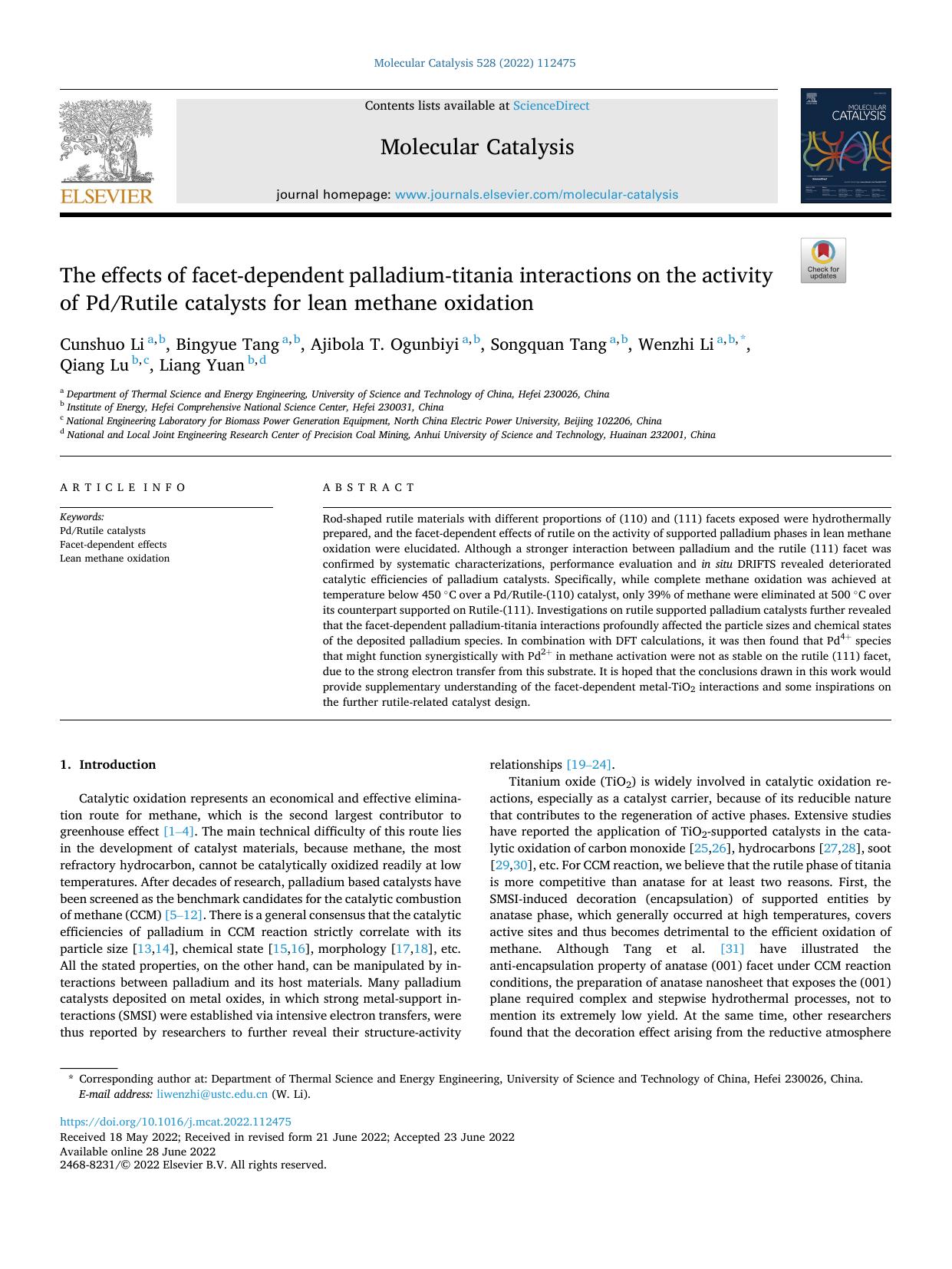 The effects of facet-dependent palladium-titania interactions on the activity of PdRutile catalysts for lean methane oxidation by Cunshuo Li & Bingyue Tang & Ajibola T. Ogunbiyi & Songquan Tang & Wenzhi Li & Qiang Lu & Liang Yuan